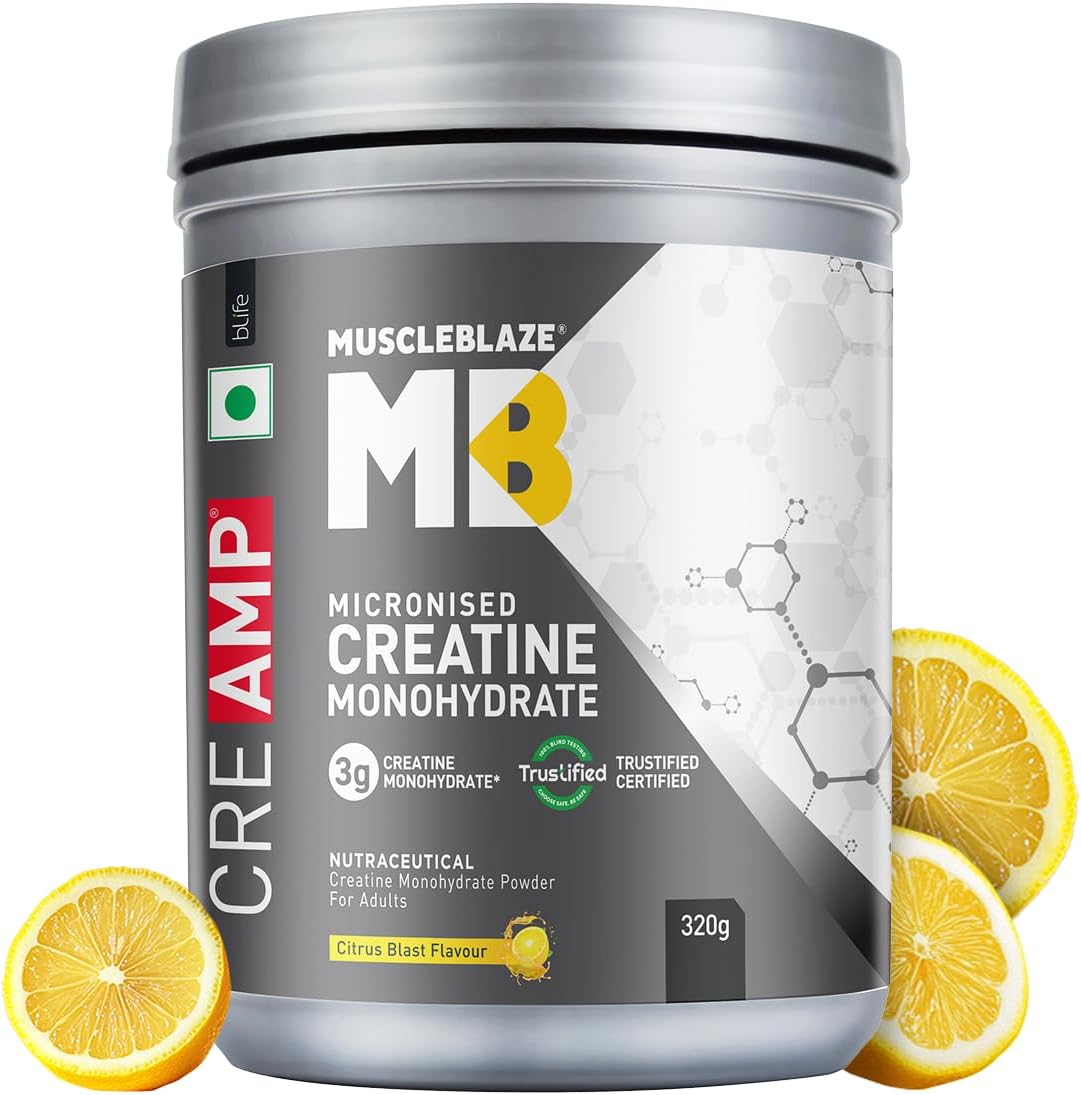 پودر کراتین مونوهیدرات MuscleBlaze CreAMP CreAbsorb – 250 گرم، 62 وعده، طعم مرکبات