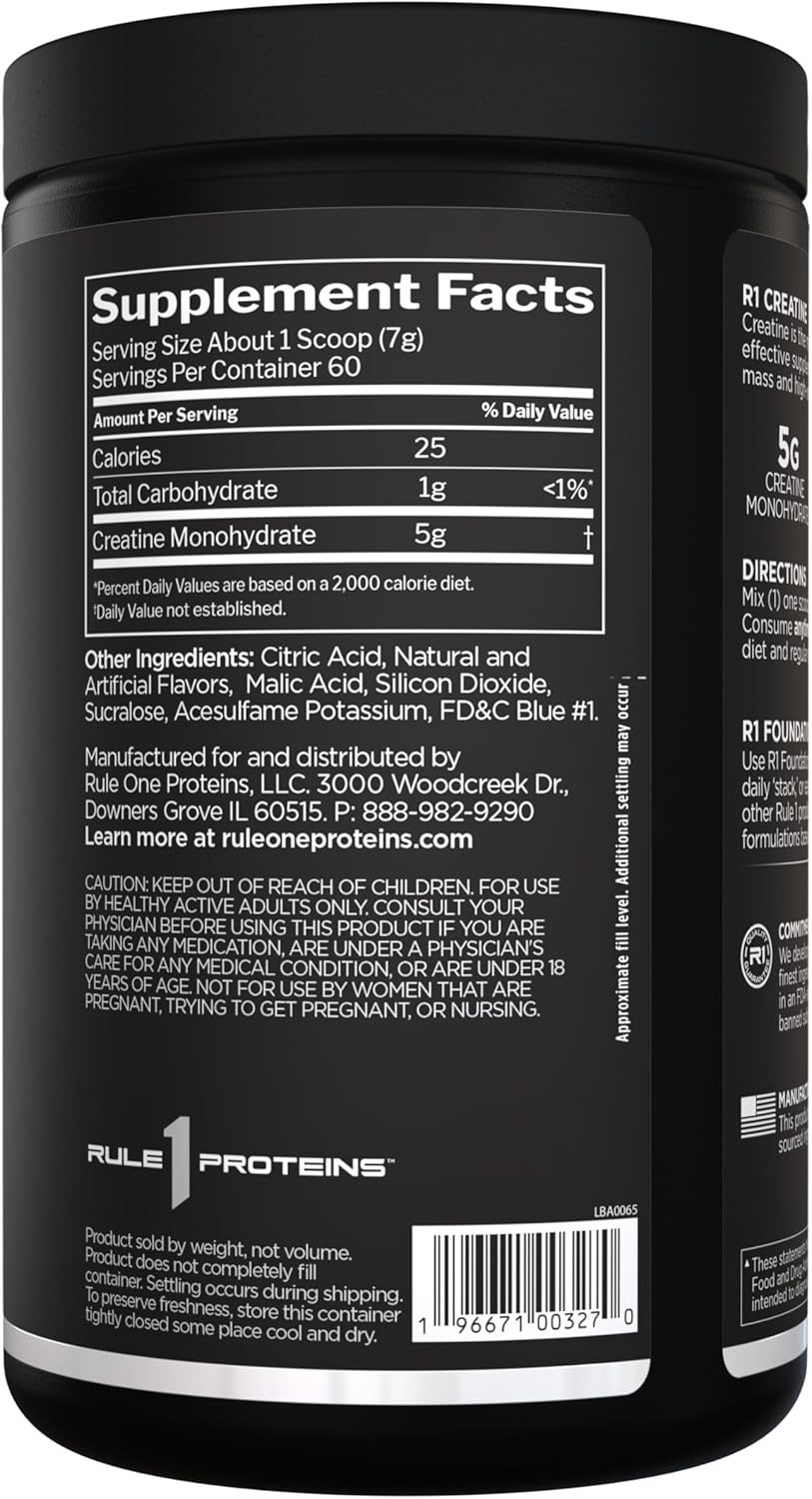 پودر کراتین مونوهیدرات Rule 1 Proteins – 60 وعده، بدون طعم، میکرونیزه
