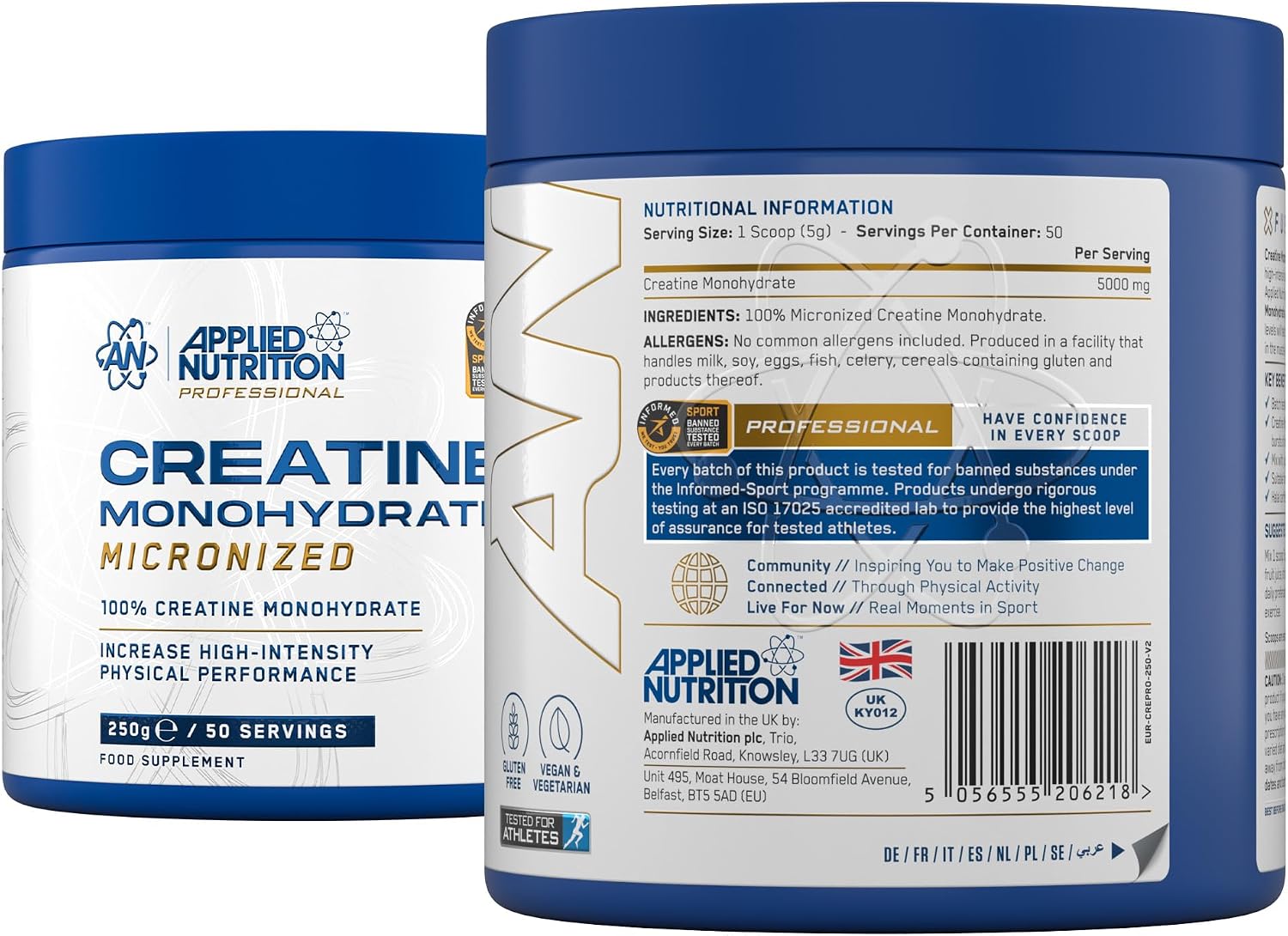 پودر کراتین مونوهیدرات Applied Nutrition – 250 گرم، 50 وعده، بدون طعم