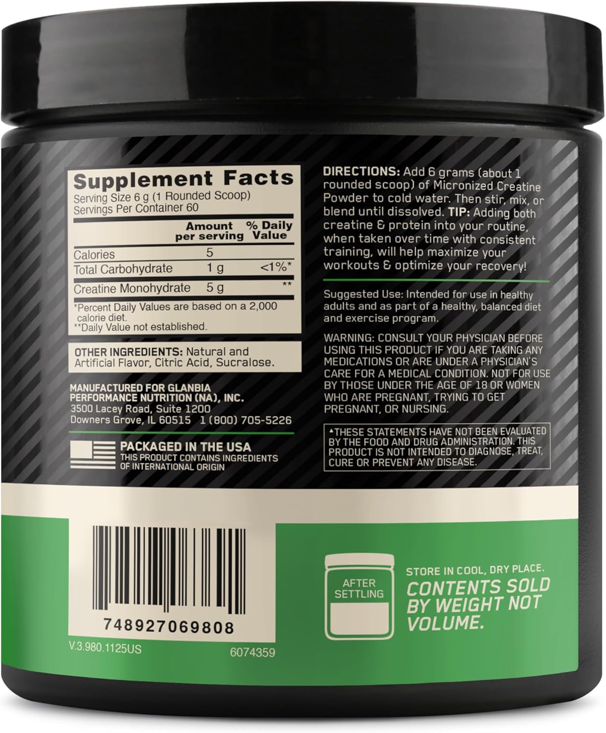 پودر کراتین مونوهیدرات Optimum Nutrition – 360 گرم، 60 وعده، طعم لیموناد بلوبری