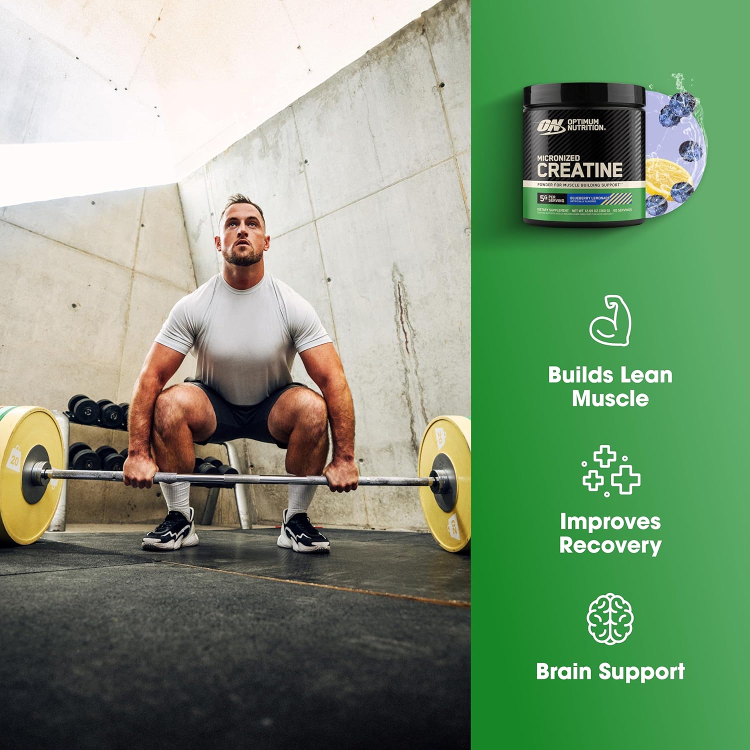 پودر کراتین مونوهیدرات Optimum Nutrition – 360 گرم، 60 وعده، طعم لیموناد بلوبری