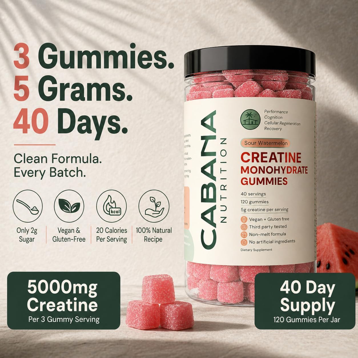 پاستیل کراتین مونوهیدرات Cabana Nutrition – 5 گرم، 40 وعده، طعم هندوانه