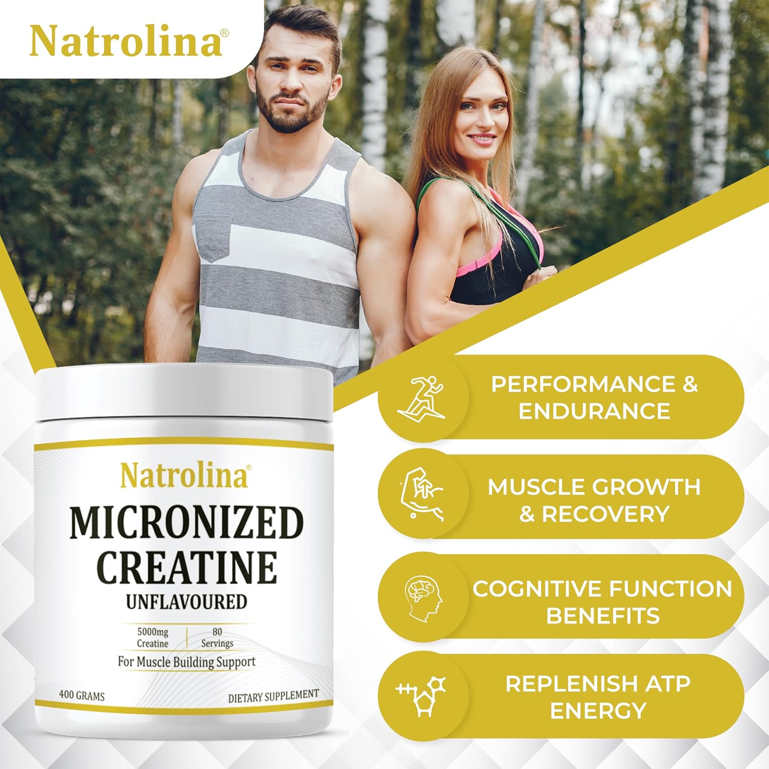پودر کراتین مونوهیدرات Natrolina – 400 گرم، 80 وعده، بدون طعم