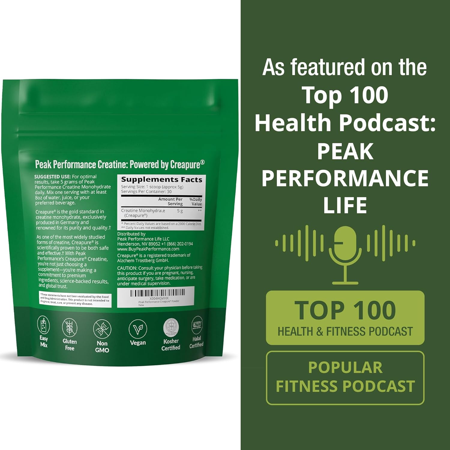 پودر کراتین مونوهیدرات Peak Performance Creapure – بدون طعم، وگان