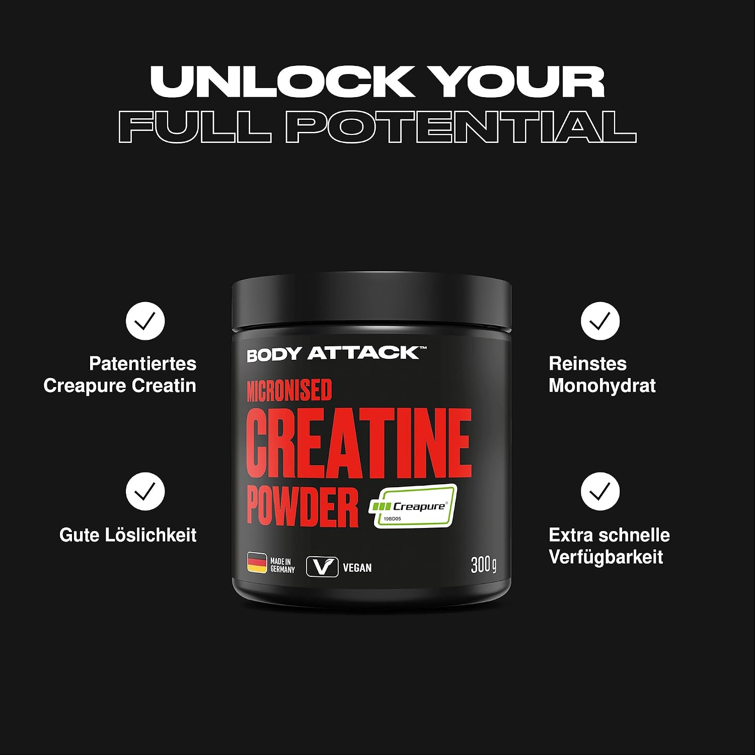 پودر کراتین Body Attack Creapure – 300 گرم، میکرونیزه