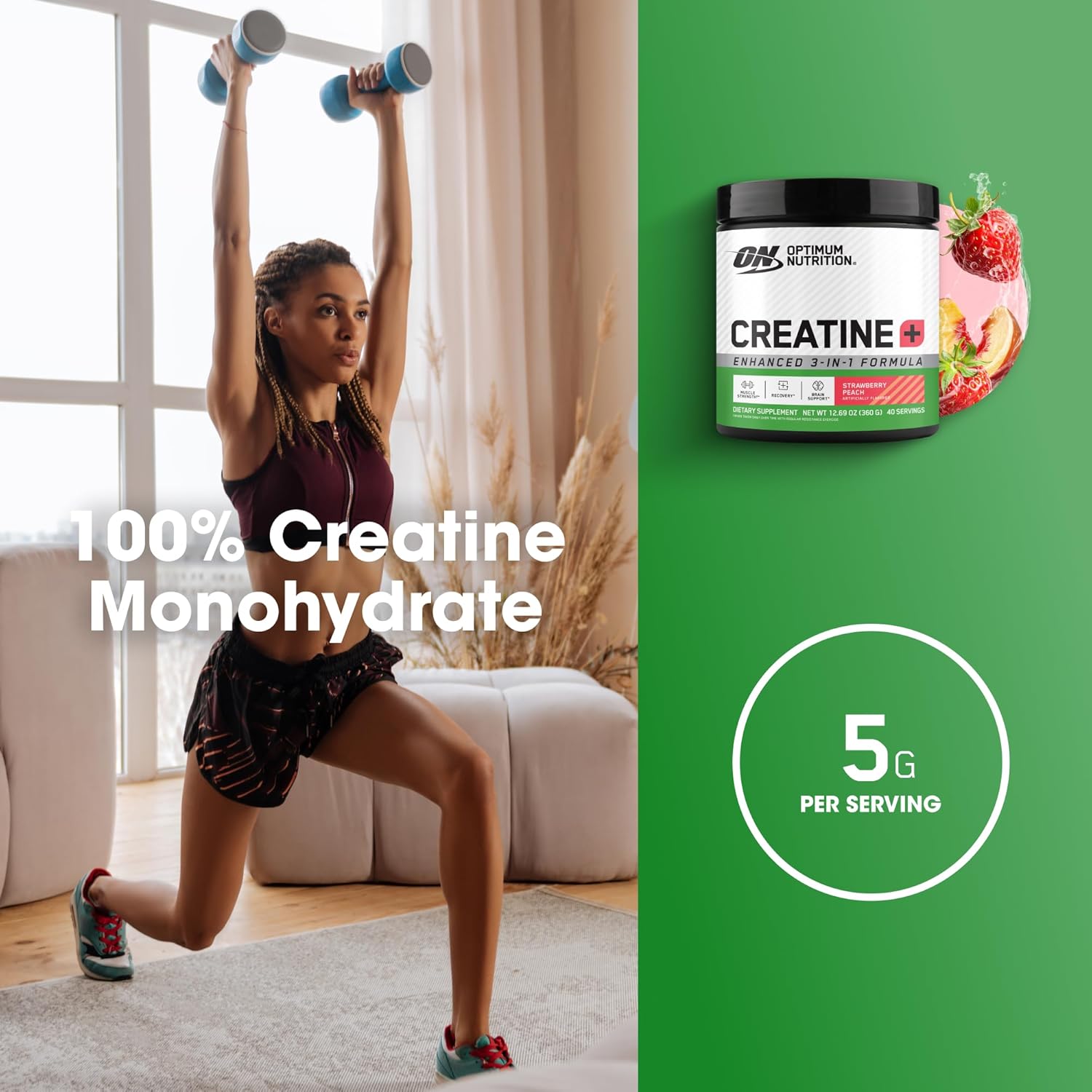 پودر کراتین مونوهیدرات Optimum Nutrition – 360 گرم، 40 وعده، طعم توت‌فرنگی و هلو
