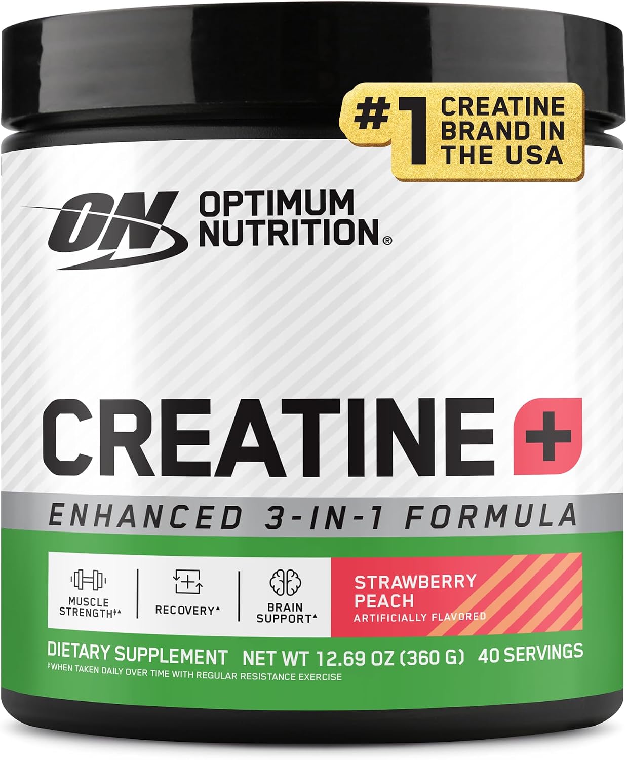 پودر کراتین مونوهیدرات Optimum Nutrition – 360 گرم، 40 وعده، طعم توت‌فرنگی و هلو