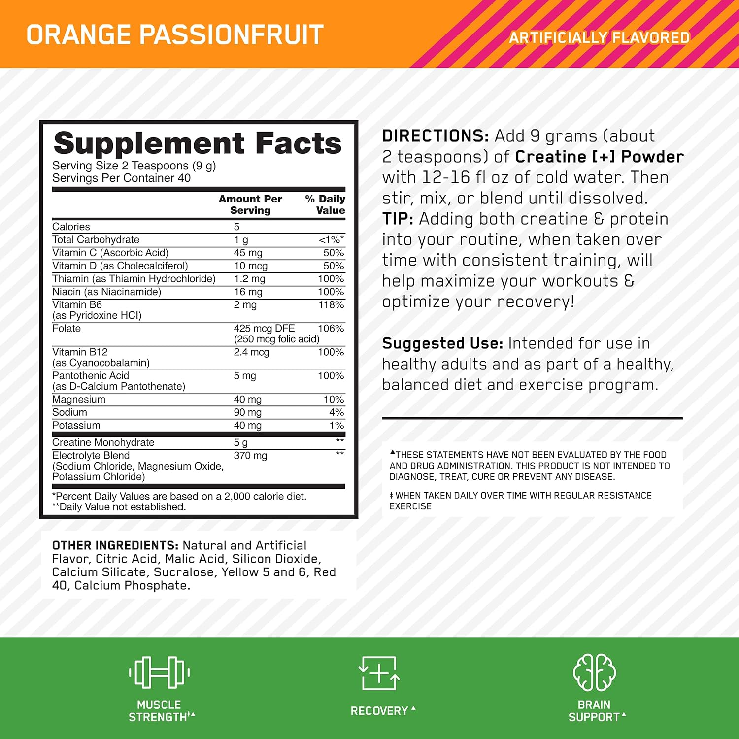 پودر کراتین مونوهیدرات Optimum Nutrition – 360 گرم، 40 وعده، طعم پرتقال