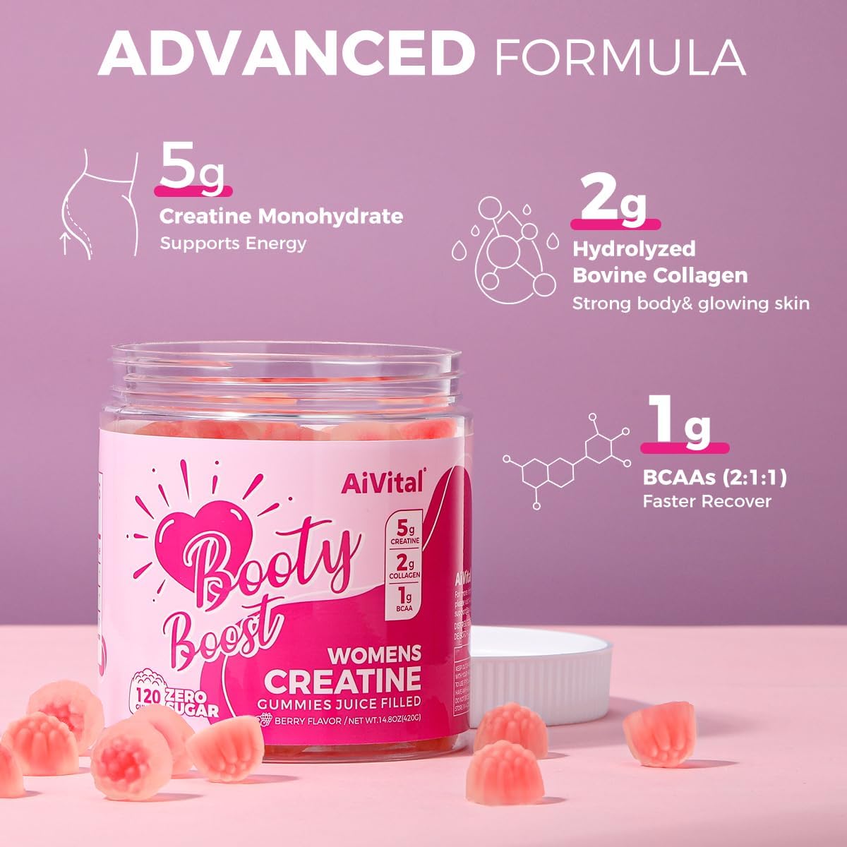 پاستیل کراتین مونوهیدرات AiVital BCAA – 5 گرم، طعم بری، بدون شکر