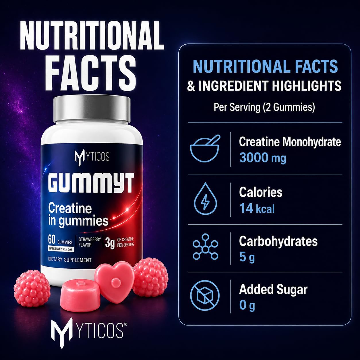 پاستیل کراتین مونوهیدرات MYTICOS – 60 پاستیل، طعم توت‌فرنگی