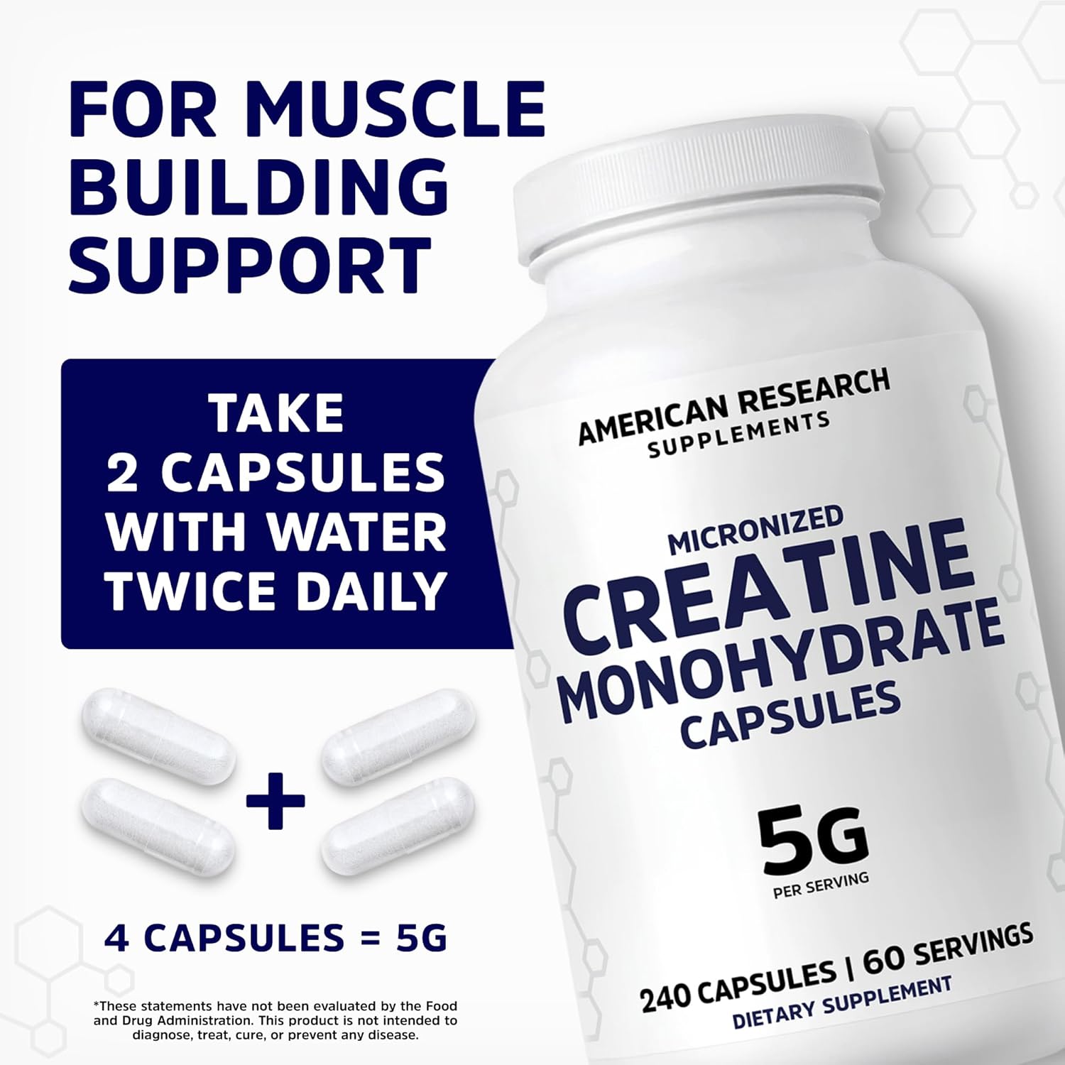 کپسول کراتین مونوهیدرات American Research Supplements – 5 گرم، 4 کپسول، میکرونیزه
