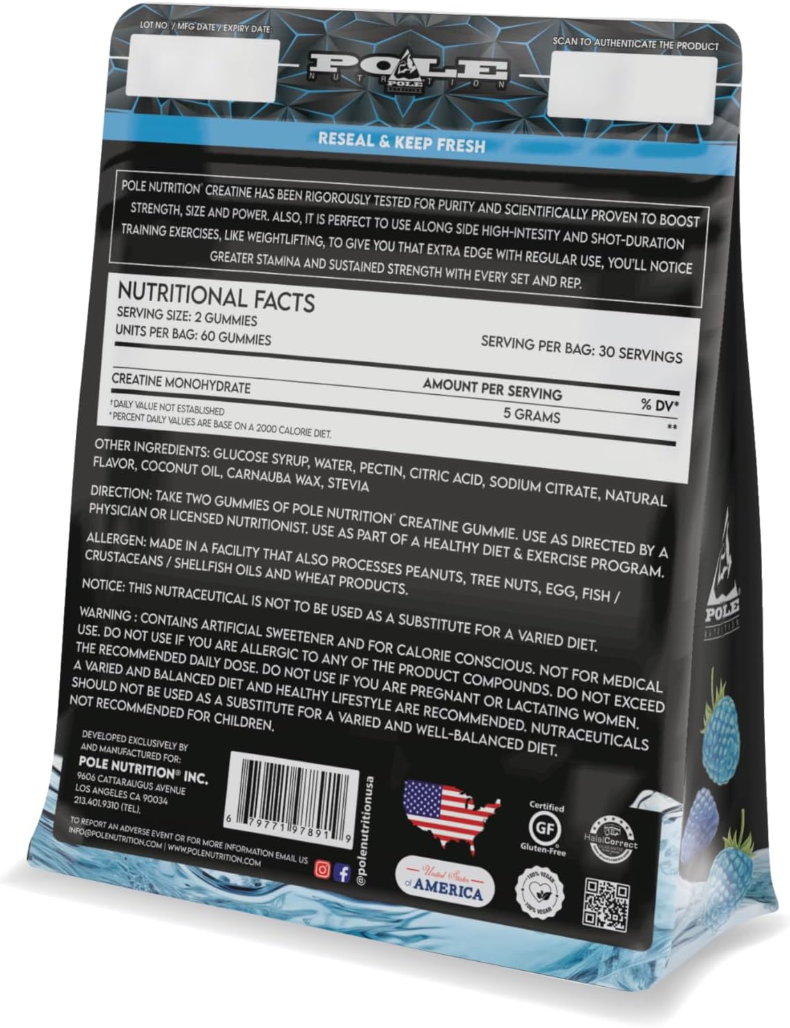 پاستیل کراتین Pole Nutrition – 60 پاستیل، طعم تمشک آبی، بدون شکر