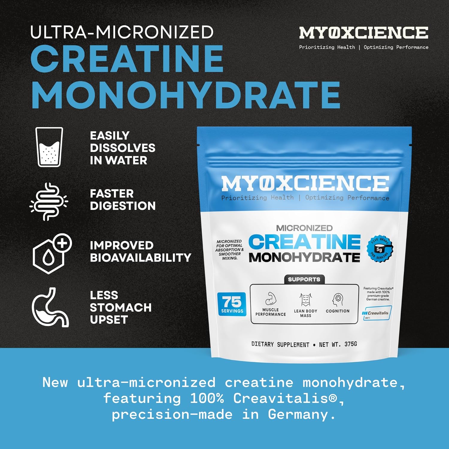 پودر کراتین مونوهیدرات MYOXCIENCE – 75 وعده، میکرونیزه