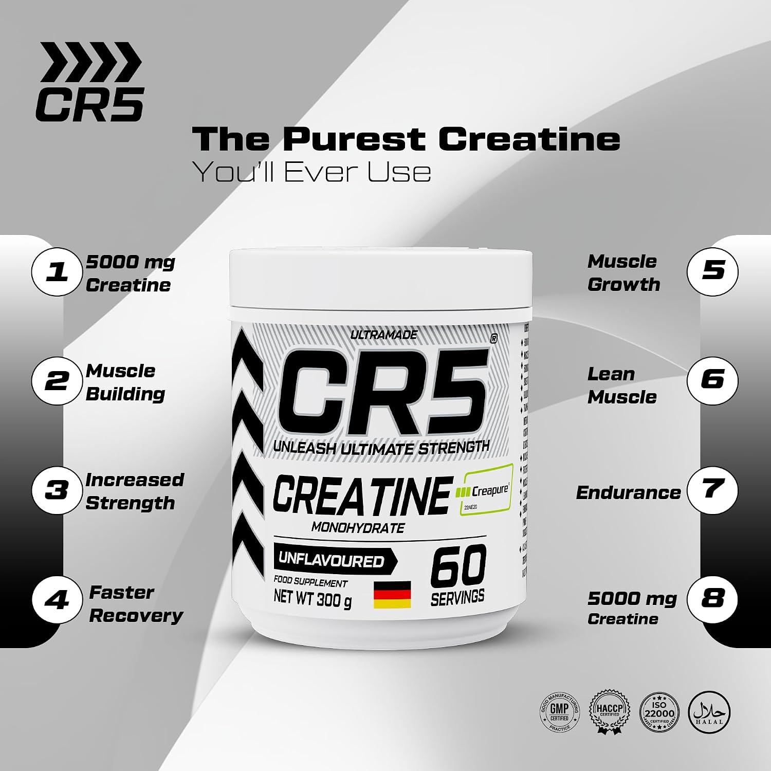 پودر کراتین مونوهیدرات C5 Creapure – 300 گرم، 60 وعده، بدون طعم