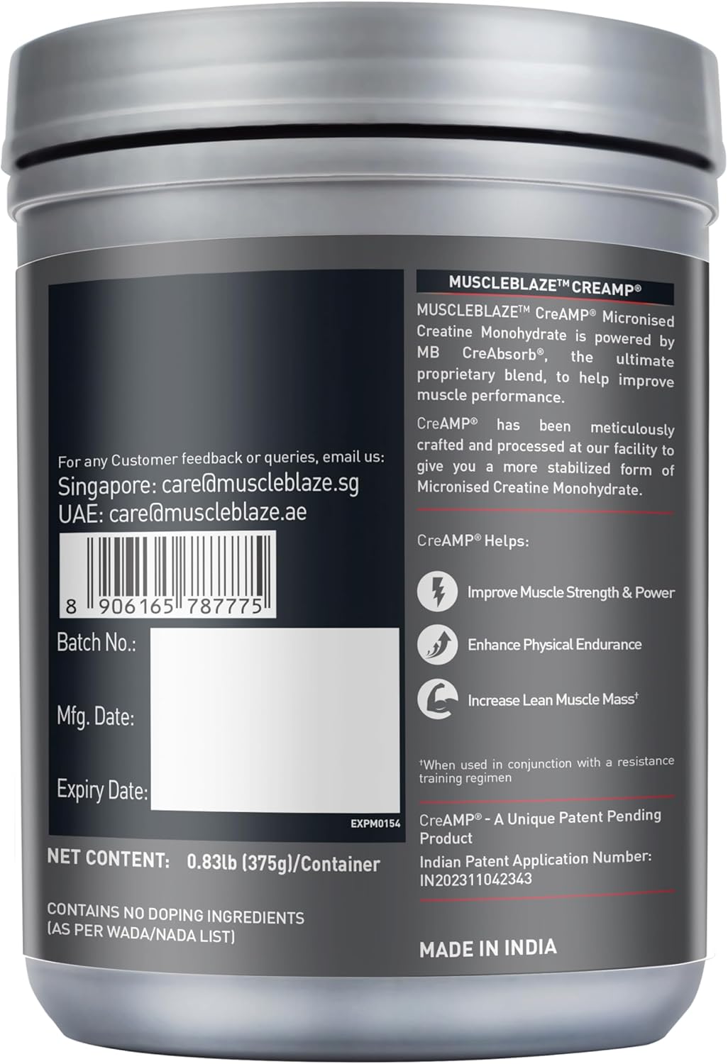 پودر کراتین مونوهیدرات MuscleBlaze CreAMP – 375 گرم، طعم هندوانه، میکرونیزه