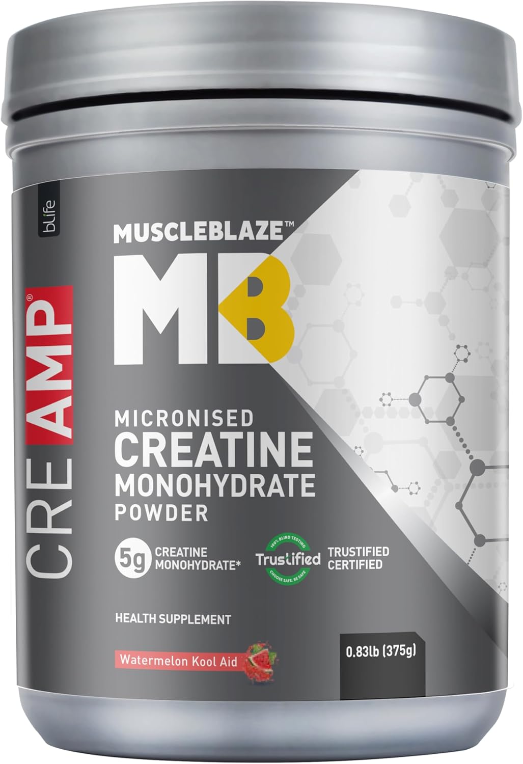 پودر کراتین مونوهیدرات MuscleBlaze CreAMP – 375 گرم، طعم هندوانه، میکرونیزه
