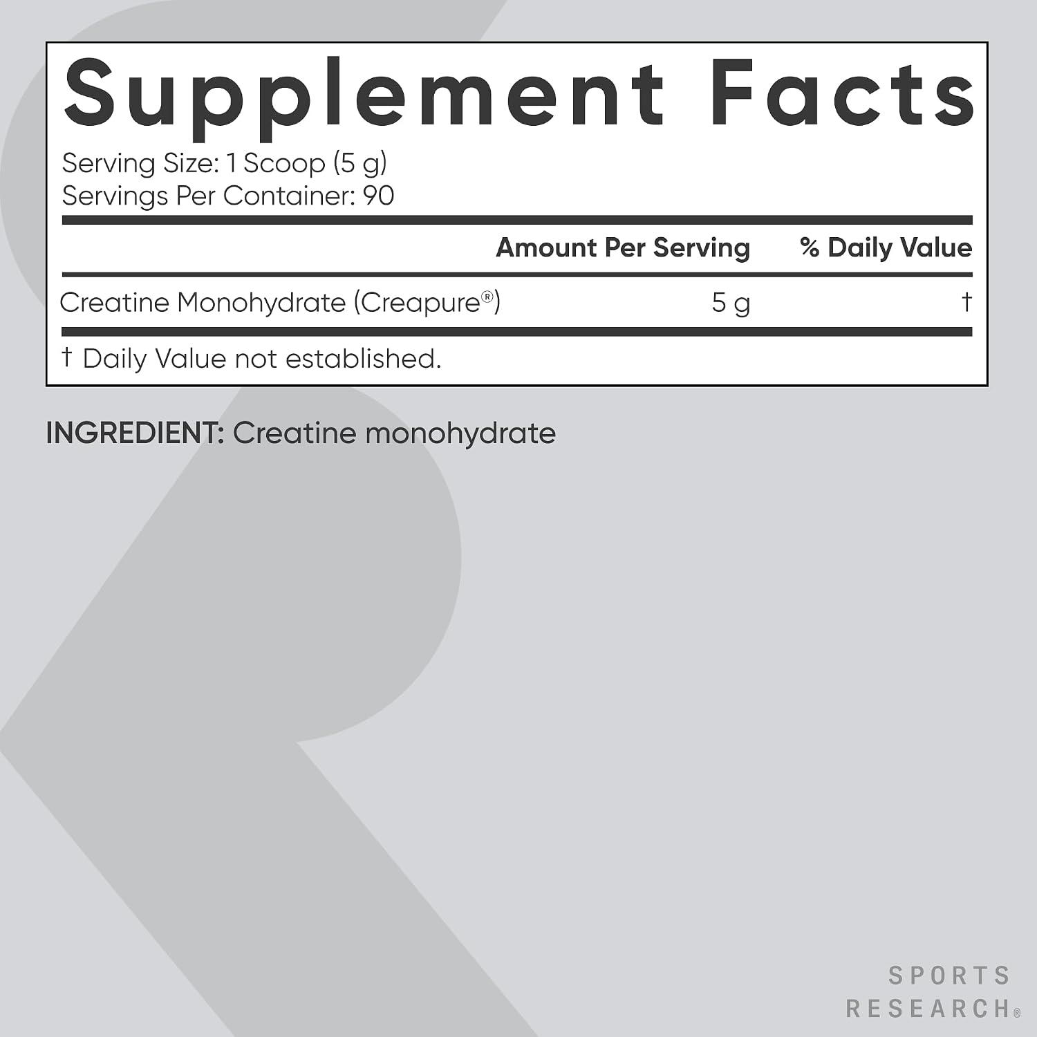 پودر کراتین مونوهیدرات Sports Research Creapure – 5 گرم، 90 وعده، بدون طعم