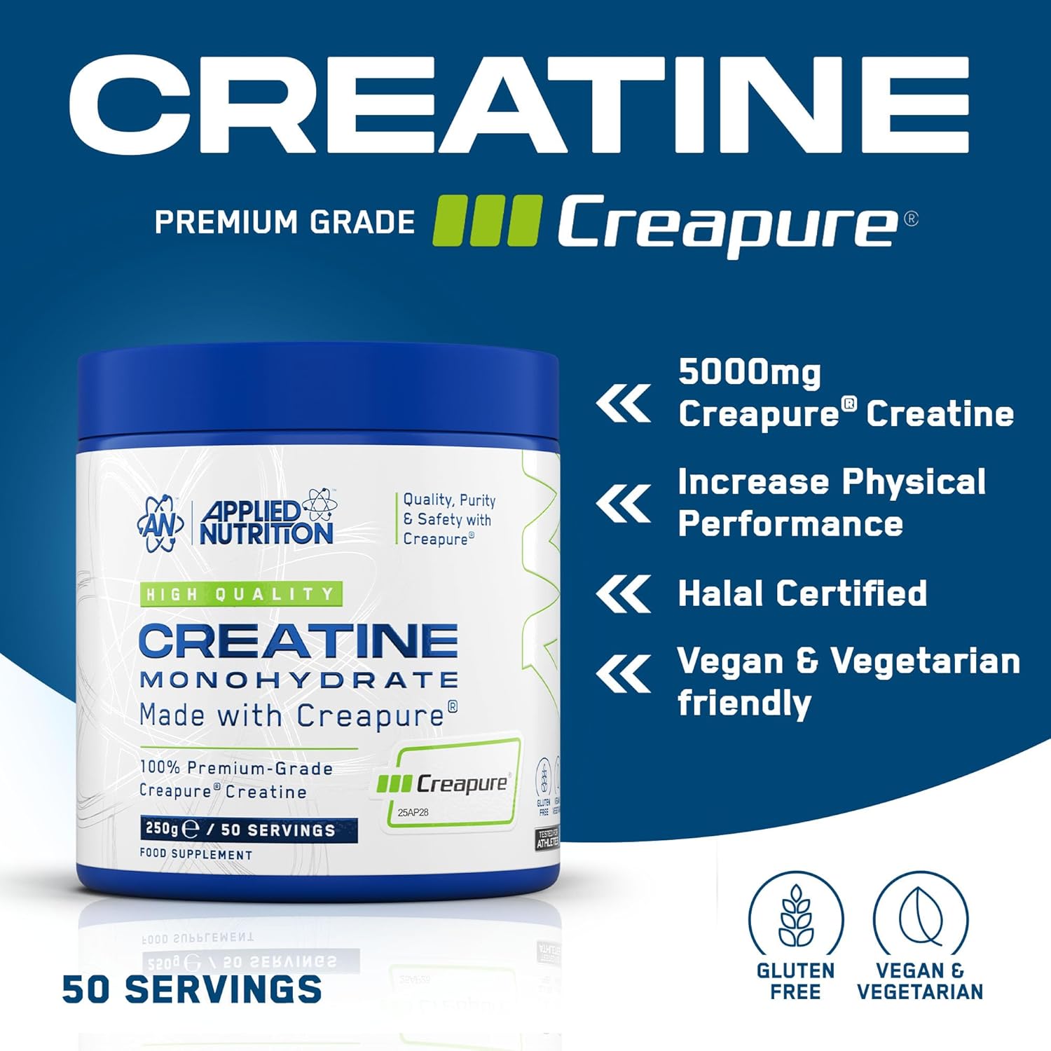 پودر کراتین مونوهیدرات Applied Nutrition Creapure – 250 گرم، 50 وعده، بدون طعم