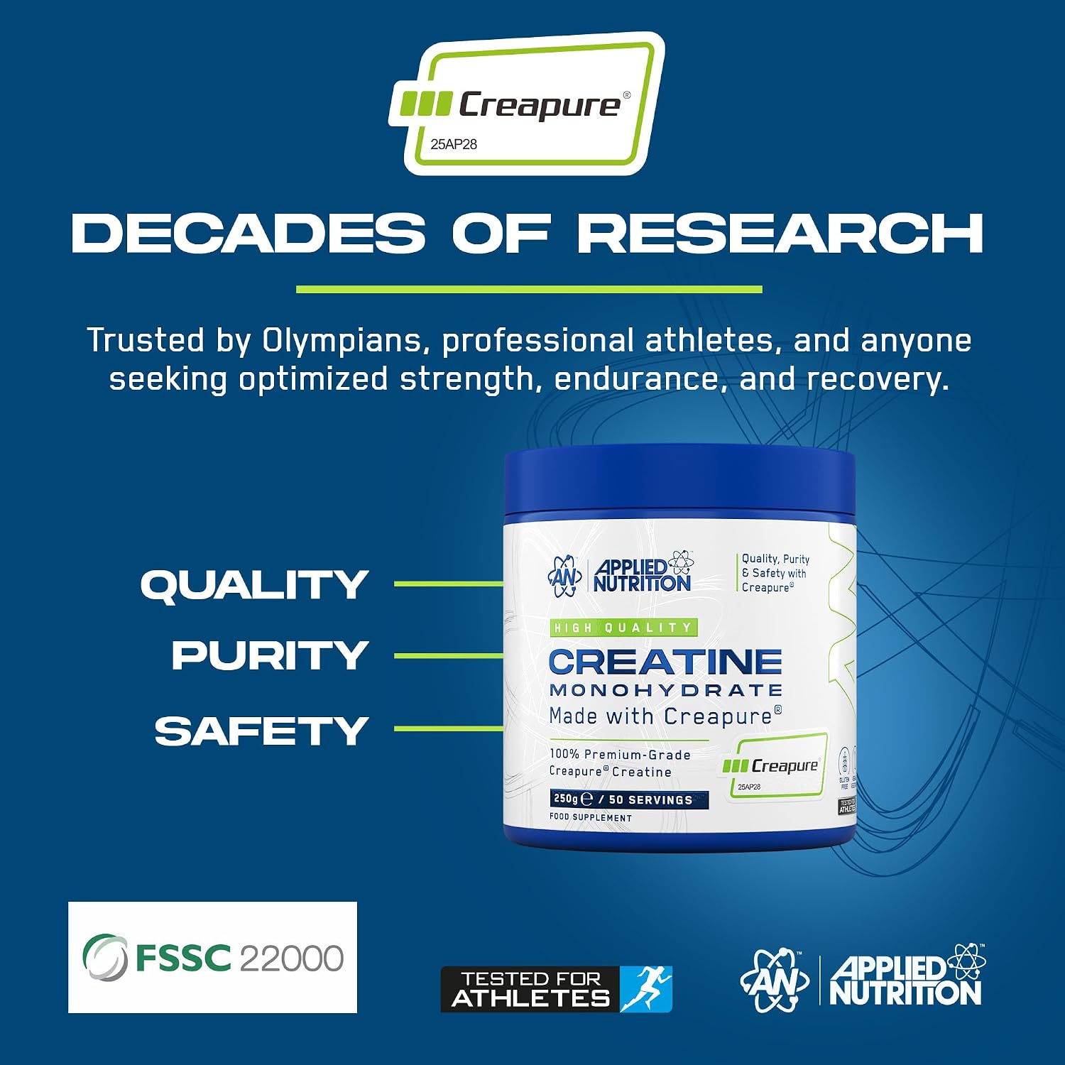 پودر کراتین مونوهیدرات Applied Nutrition Creapure – 250 گرم، 50 وعده، بدون طعم