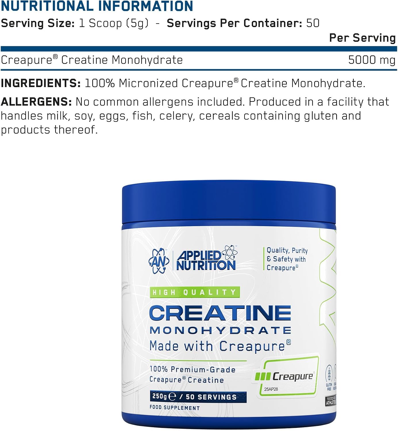 پودر کراتین مونوهیدرات Applied Nutrition Creapure – 250 گرم، 50 وعده، بدون طعم