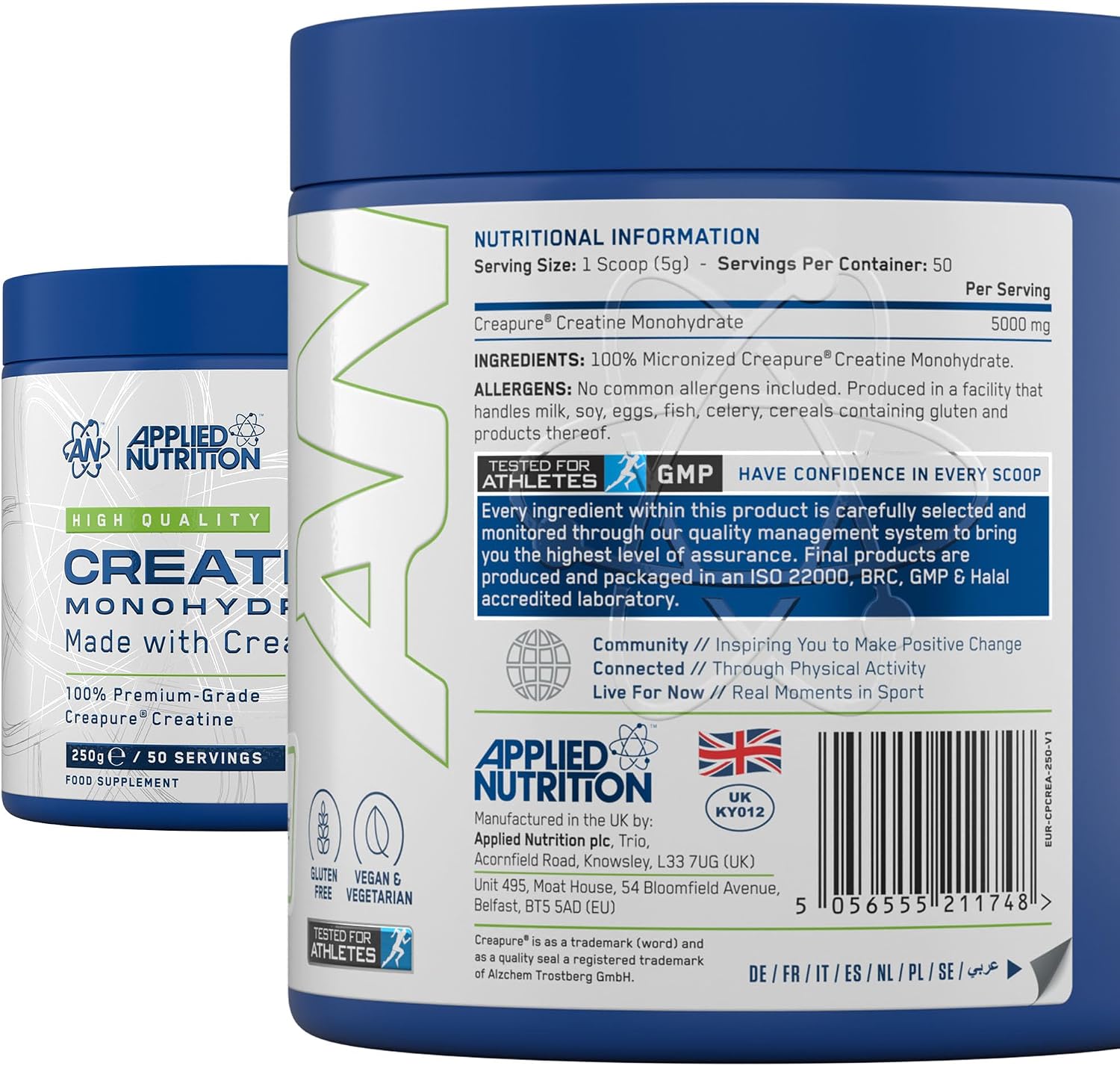 پودر کراتین مونوهیدرات Applied Nutrition Creapure – 250 گرم، 50 وعده، بدون طعم