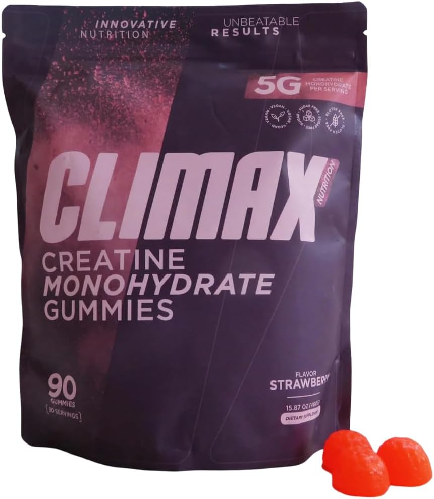 پاستیل کراتین مونوهیدرات CLIMAX NUTRITION – 30 وعده، طعم توت‌فرنگی، وگان