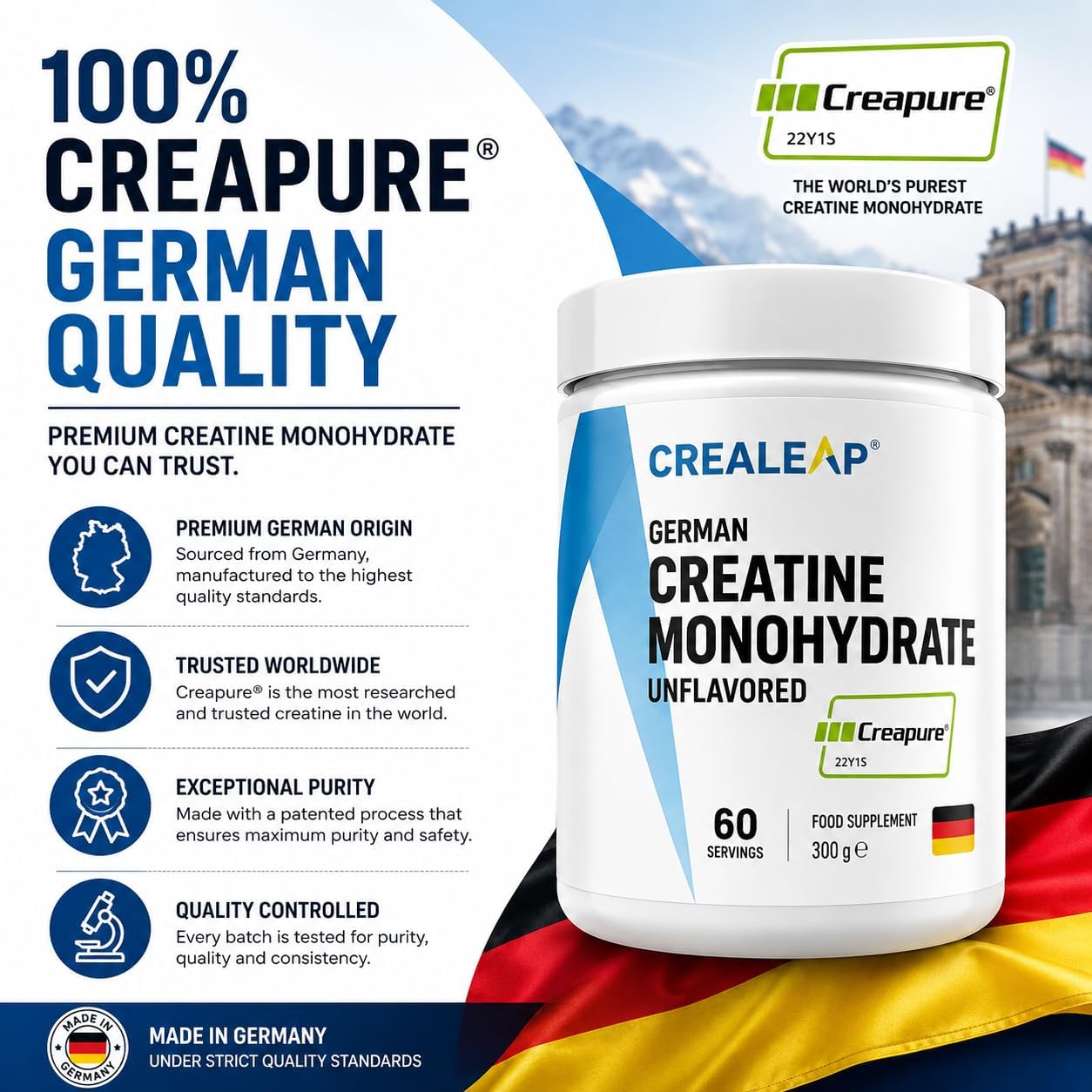 پودر کراتین مونوهیدرات CREALEAP Creapure – 300 گرم، 60 وعده، بدون طعم