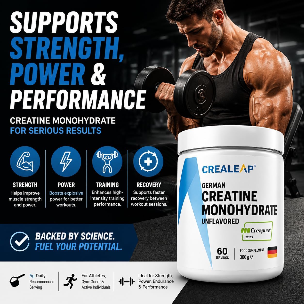 پودر کراتین مونوهیدرات CREALEAP Creapure – 300 گرم، 60 وعده، بدون طعم