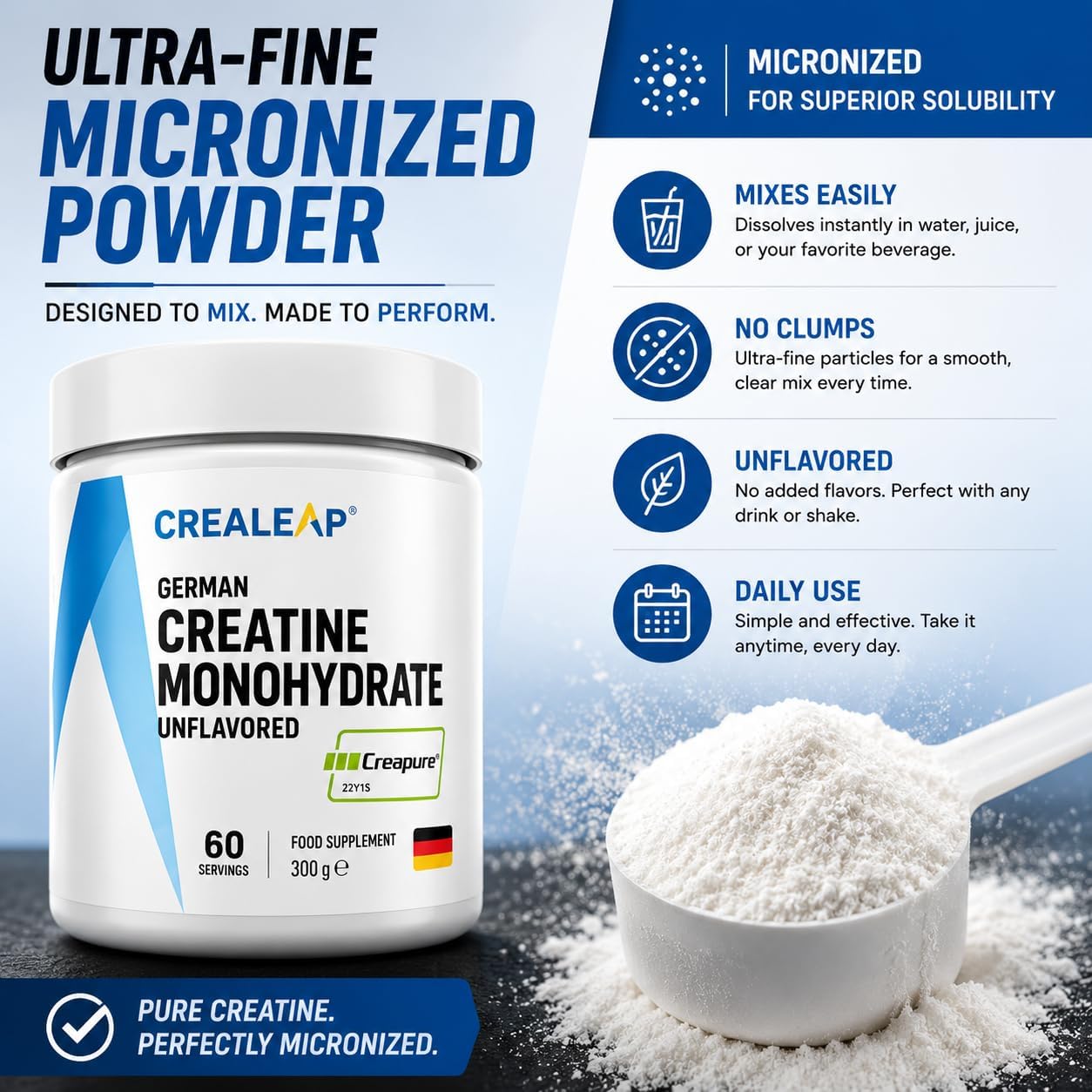 پودر کراتین مونوهیدرات CREALEAP Creapure – 300 گرم، 60 وعده، بدون طعم