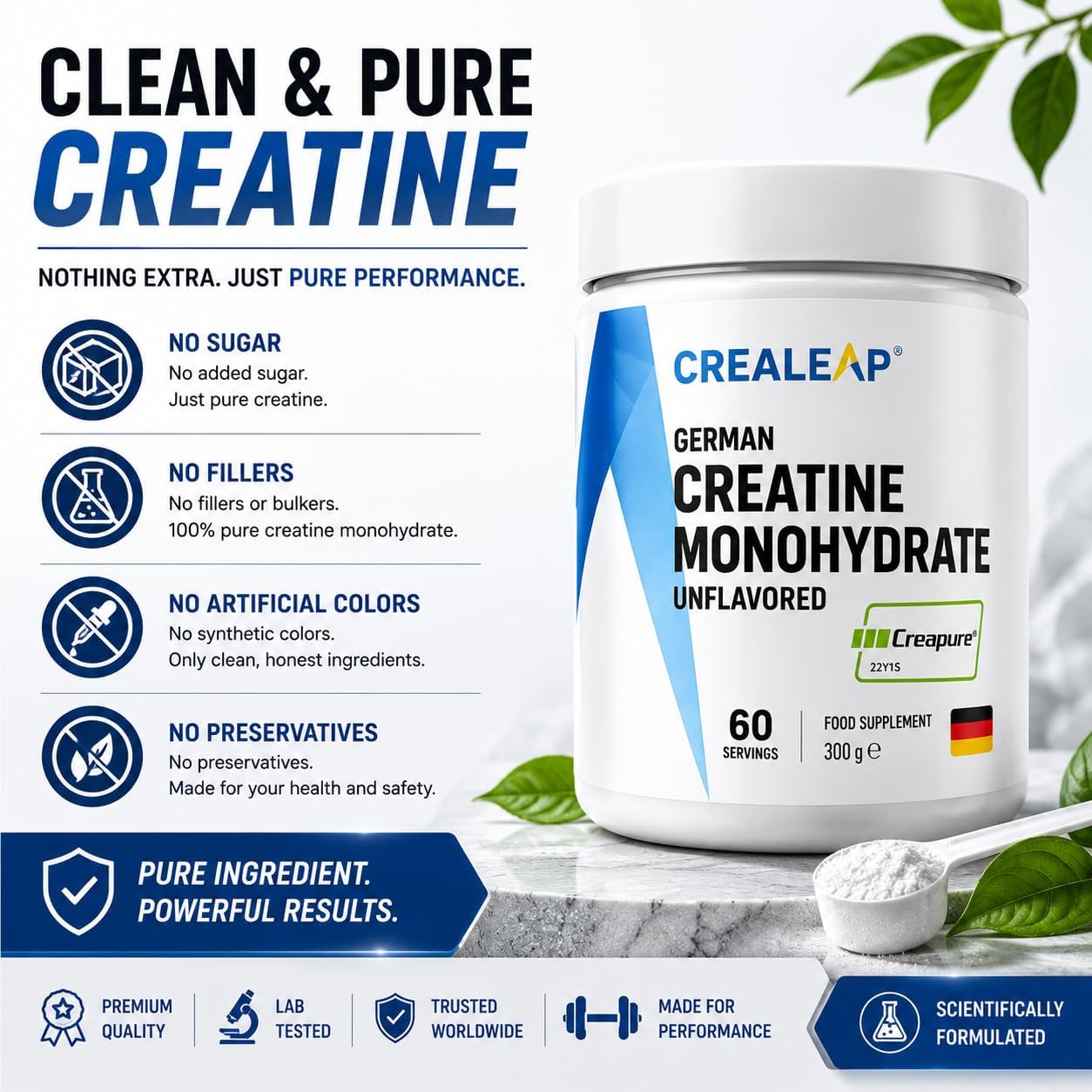 پودر کراتین مونوهیدرات CREALEAP Creapure – 300 گرم، 60 وعده، بدون طعم