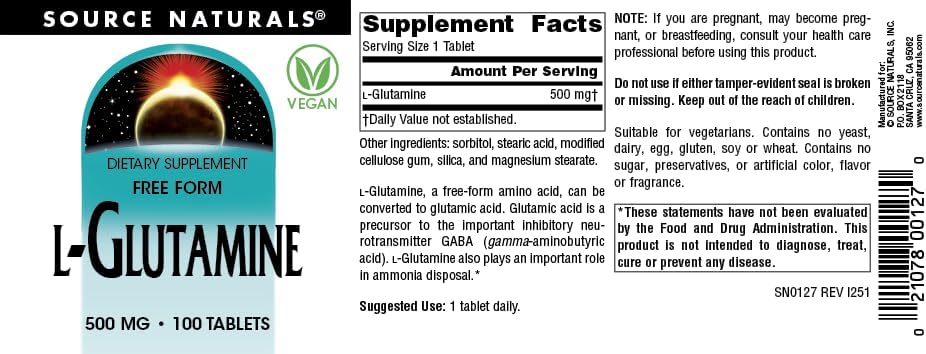 قرص ال-گلوتامین Source Naturals، 500 میلی‌گرم، 100 قرص