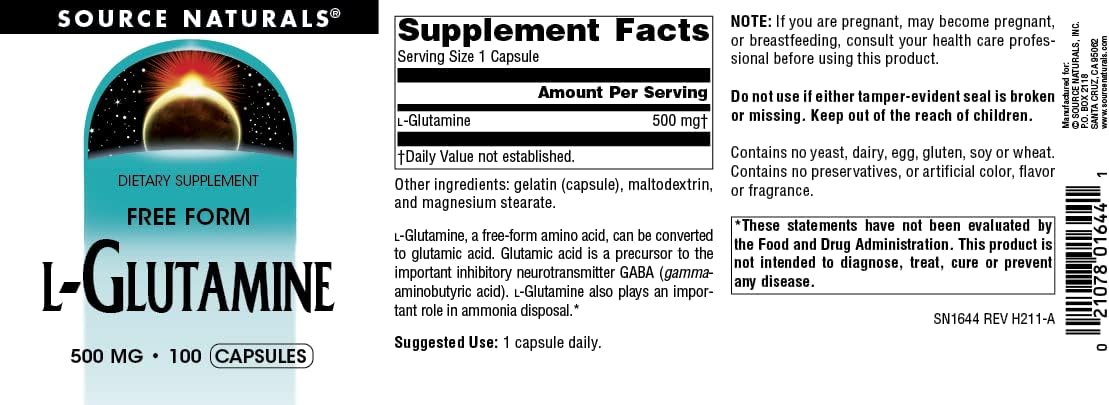 کپسول ال-گلوتامین Source Naturals، 500 میلی‌گرم، 100 کپسول