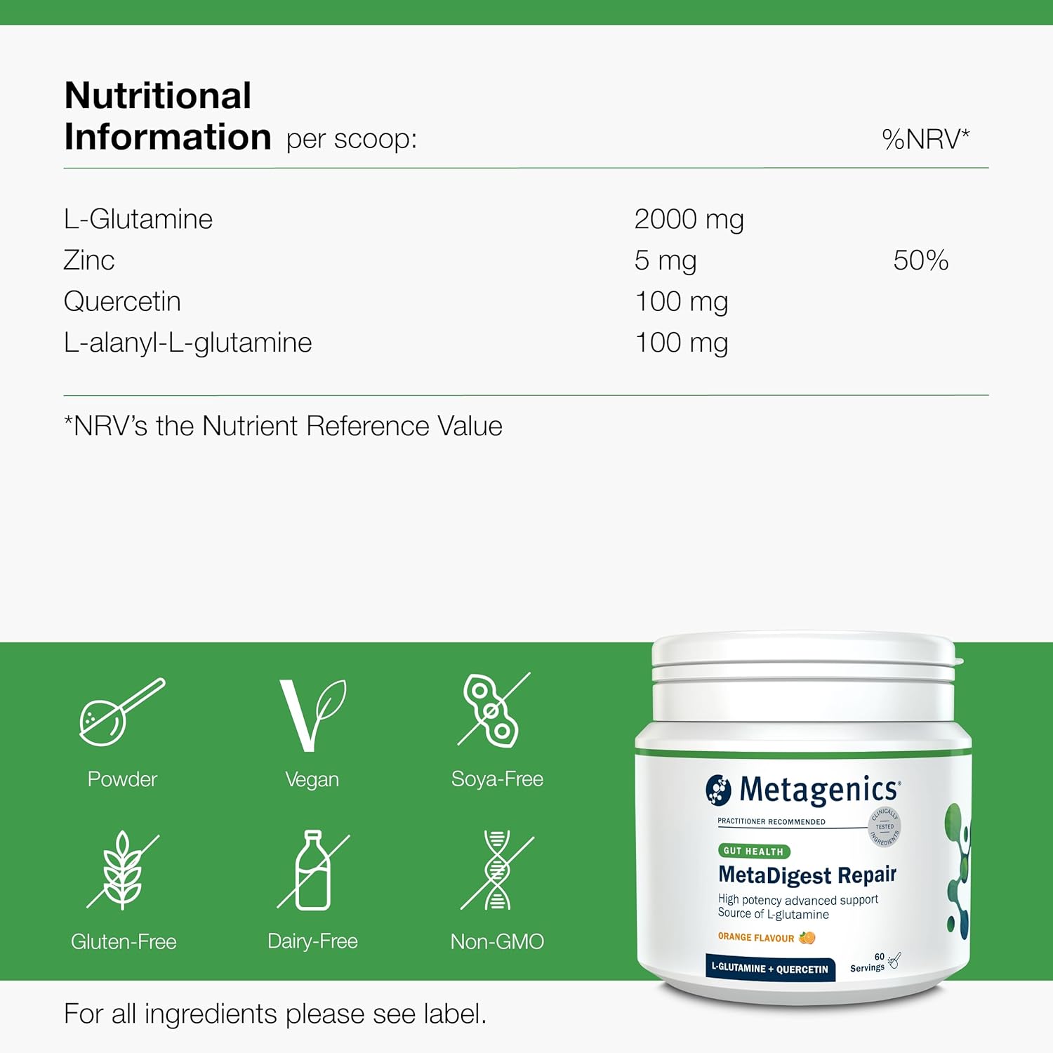 پودر ال-گلوتامین Metagenics مدل MetaDigest Repair، 60 وعده، طعم پرتقال