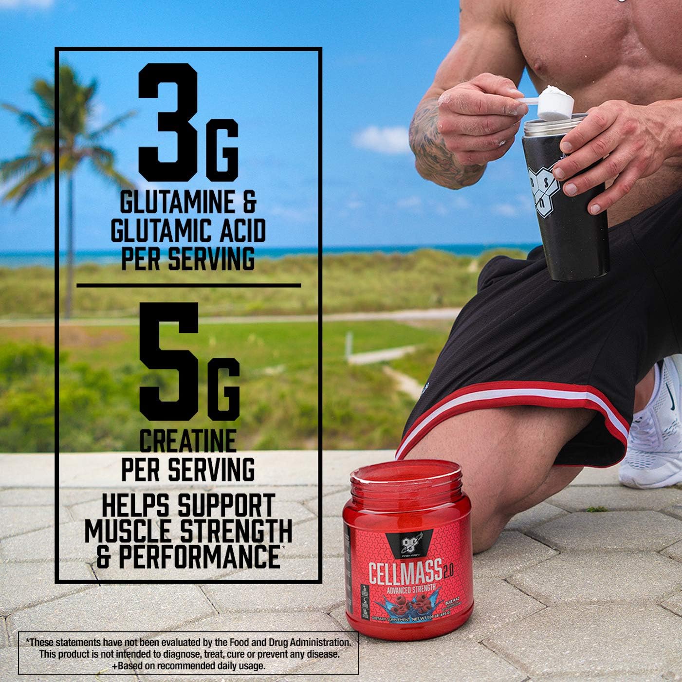 پودر کراتین و گلوتامین BSN مدل Cellmass 2.0، 25 وعده، طعم بری قطبی