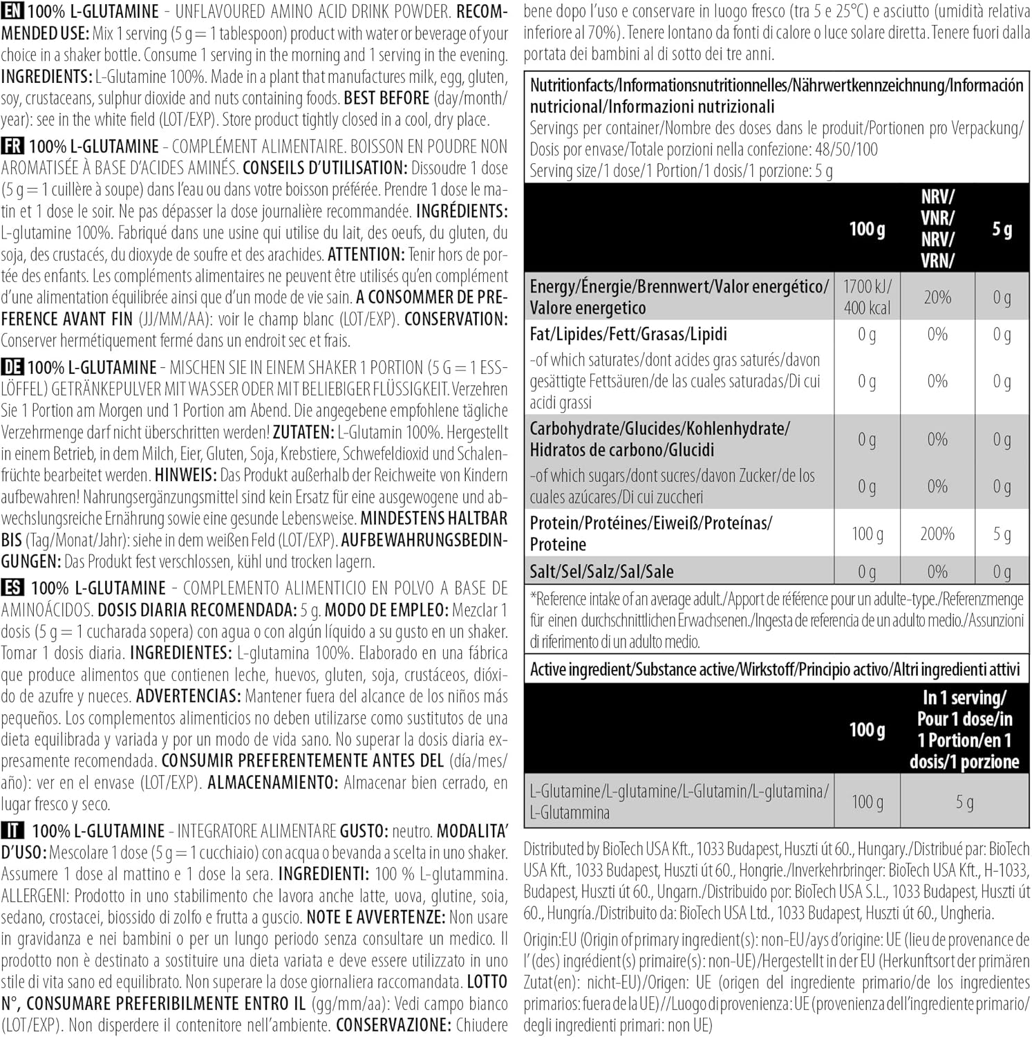 پودر ال-گلوتامین BioTechUSA، 240 گرم