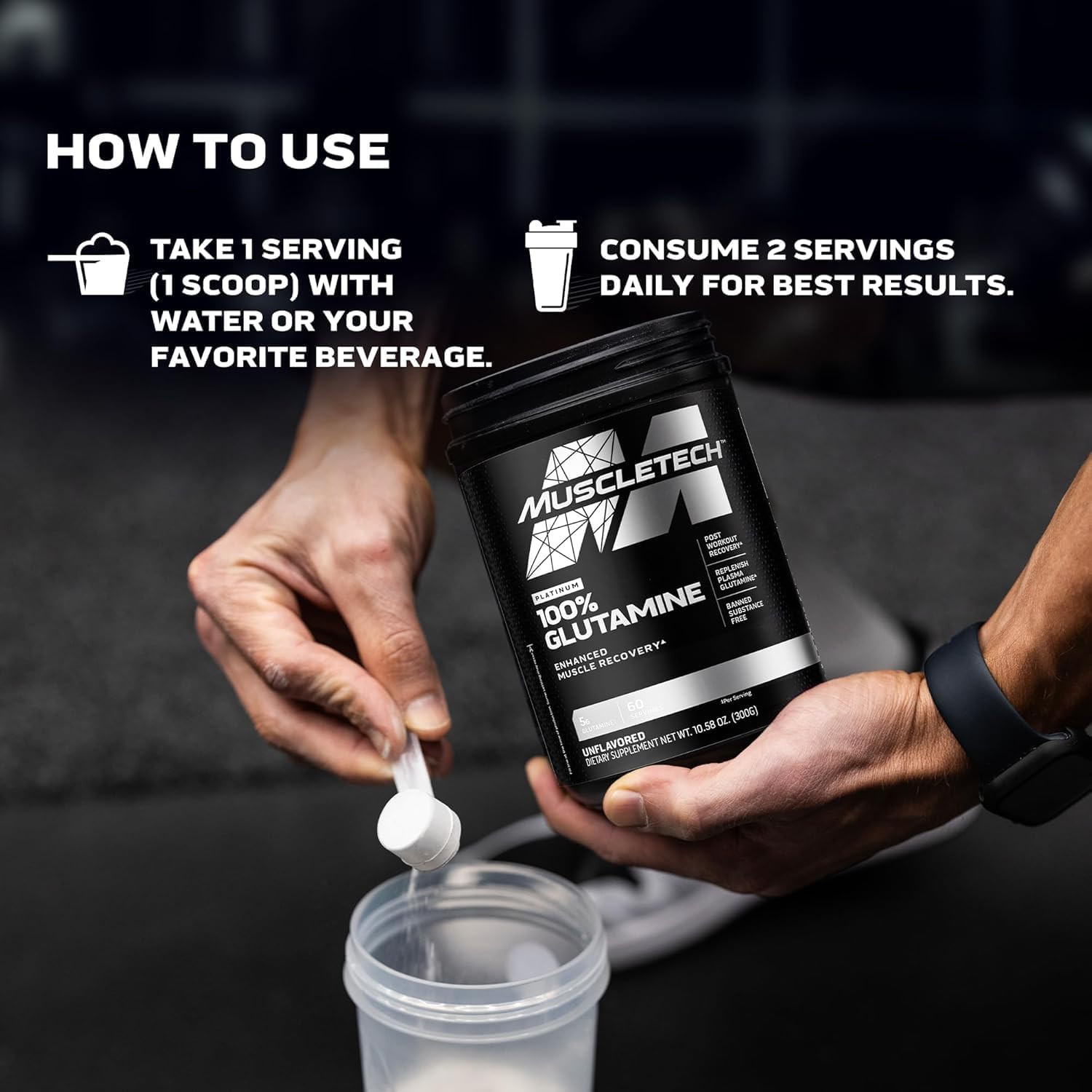 پودر ال-گلوتامین Muscletech مدل Platinum 100% Glutamine، 300 گرم، 60 وعده، بدون طعم