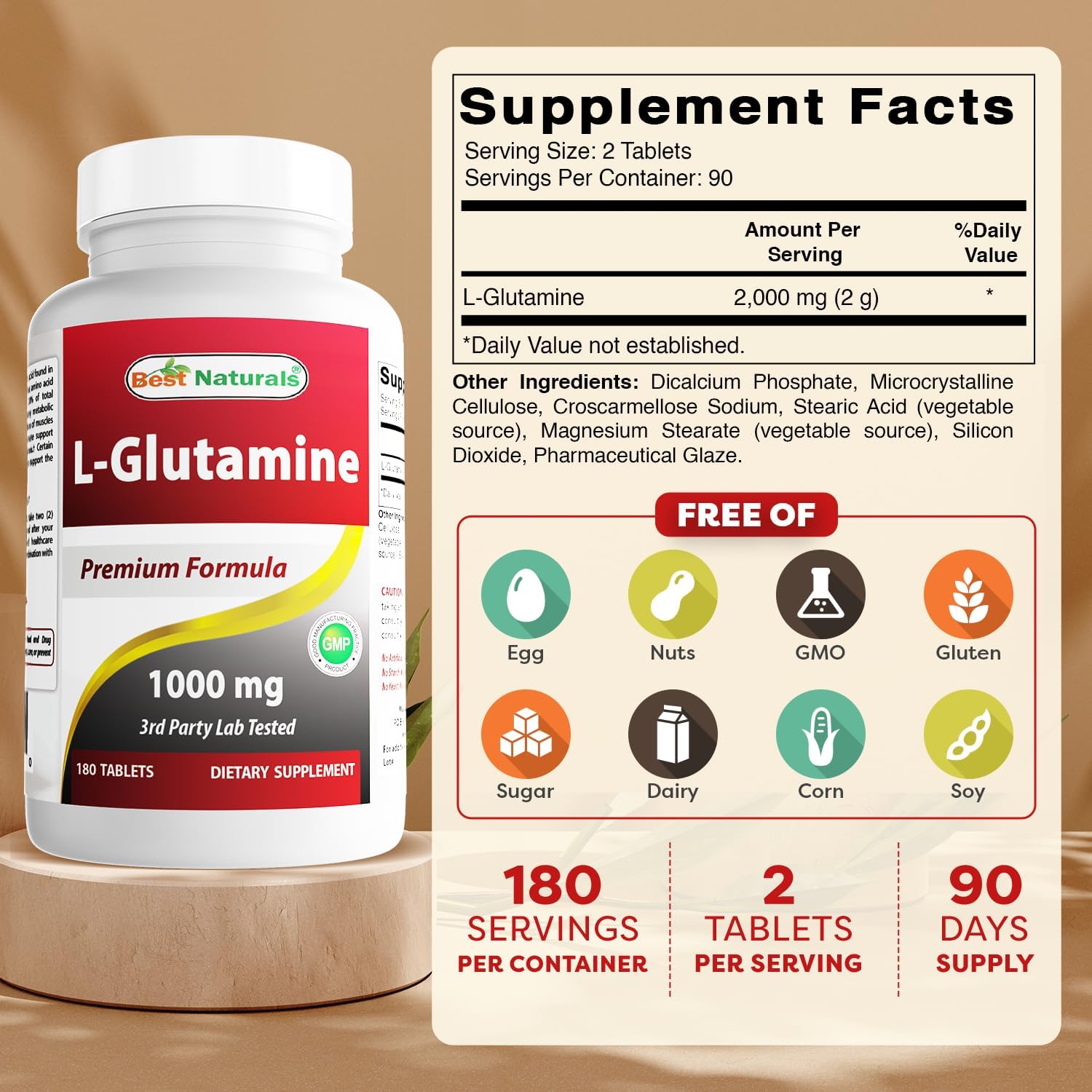 قرص ال-گلوتامین Best Naturals، 1000 میلی‌گرم