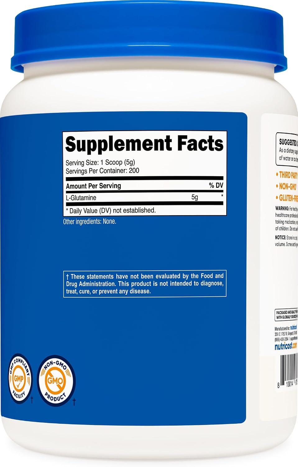 پودر ال-گلوتامین Nutricost، 1 کیلوگرم، بدون طعم