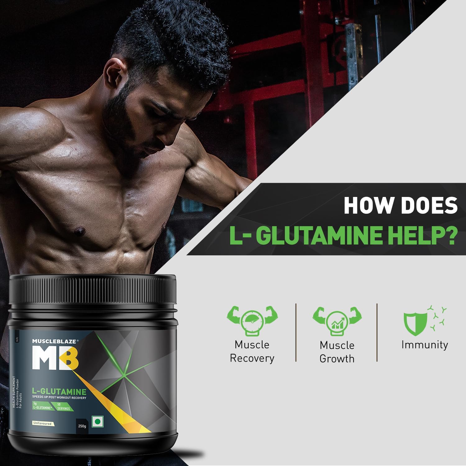 پودر ال-گلوتامین MuscleBlaze، 250 گرم، 50 وعده، بدون طعم