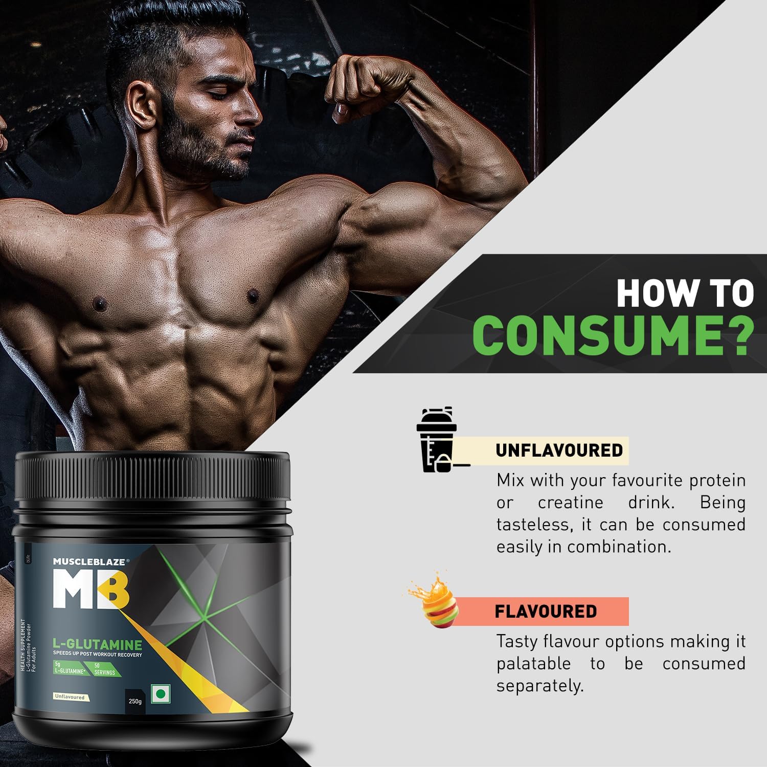 پودر ال-گلوتامین MuscleBlaze، 250 گرم، 50 وعده، بدون طعم