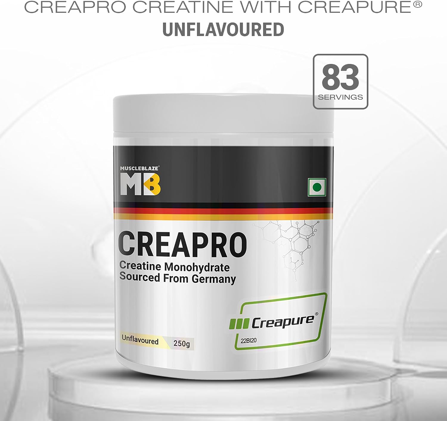 پودر کراتین MuscleBlaze مدل CreaPRO، 250 گرم، 83 وعده، بدون طعم