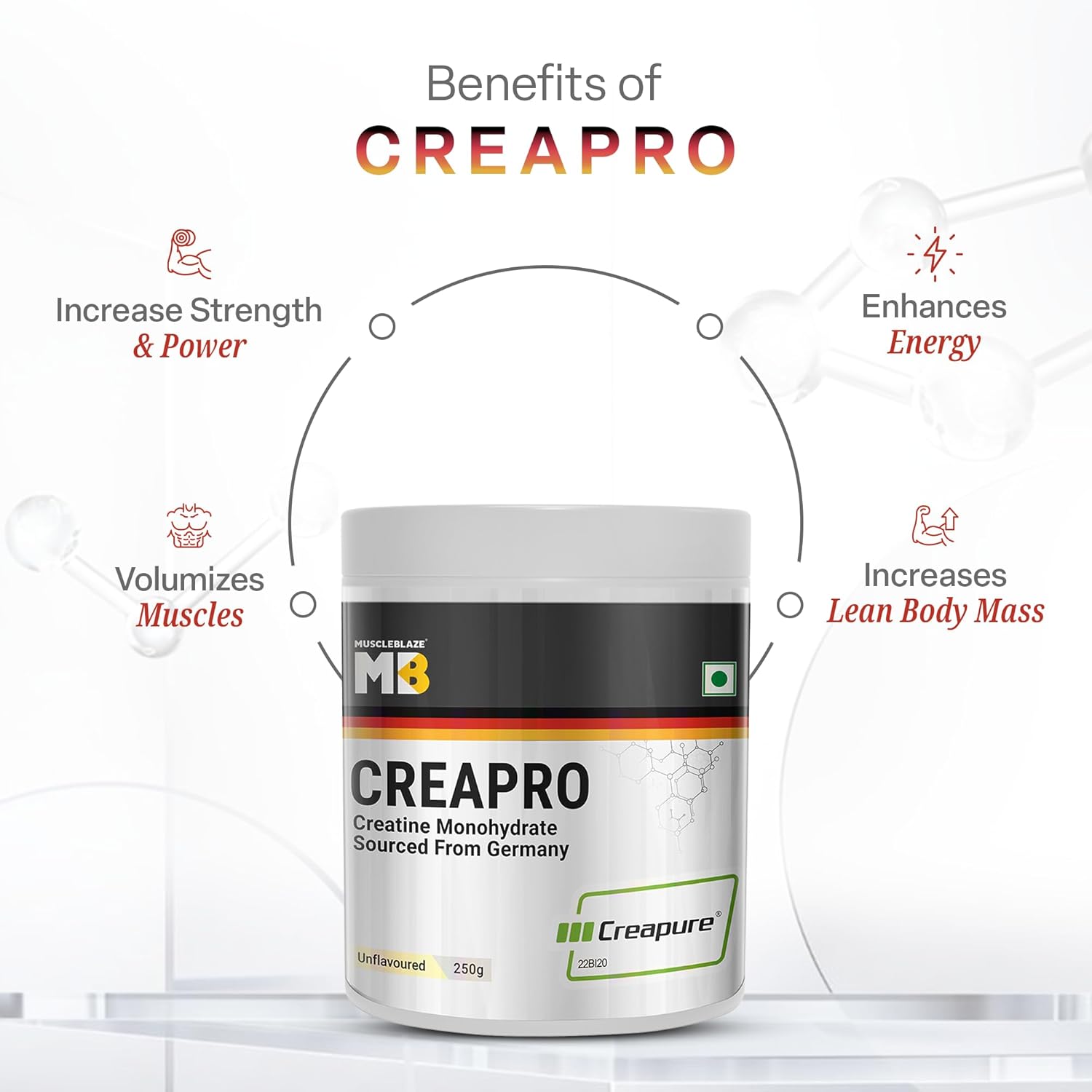 پودر کراتین MuscleBlaze مدل CreaPRO، 250 گرم، 83 وعده، بدون طعم