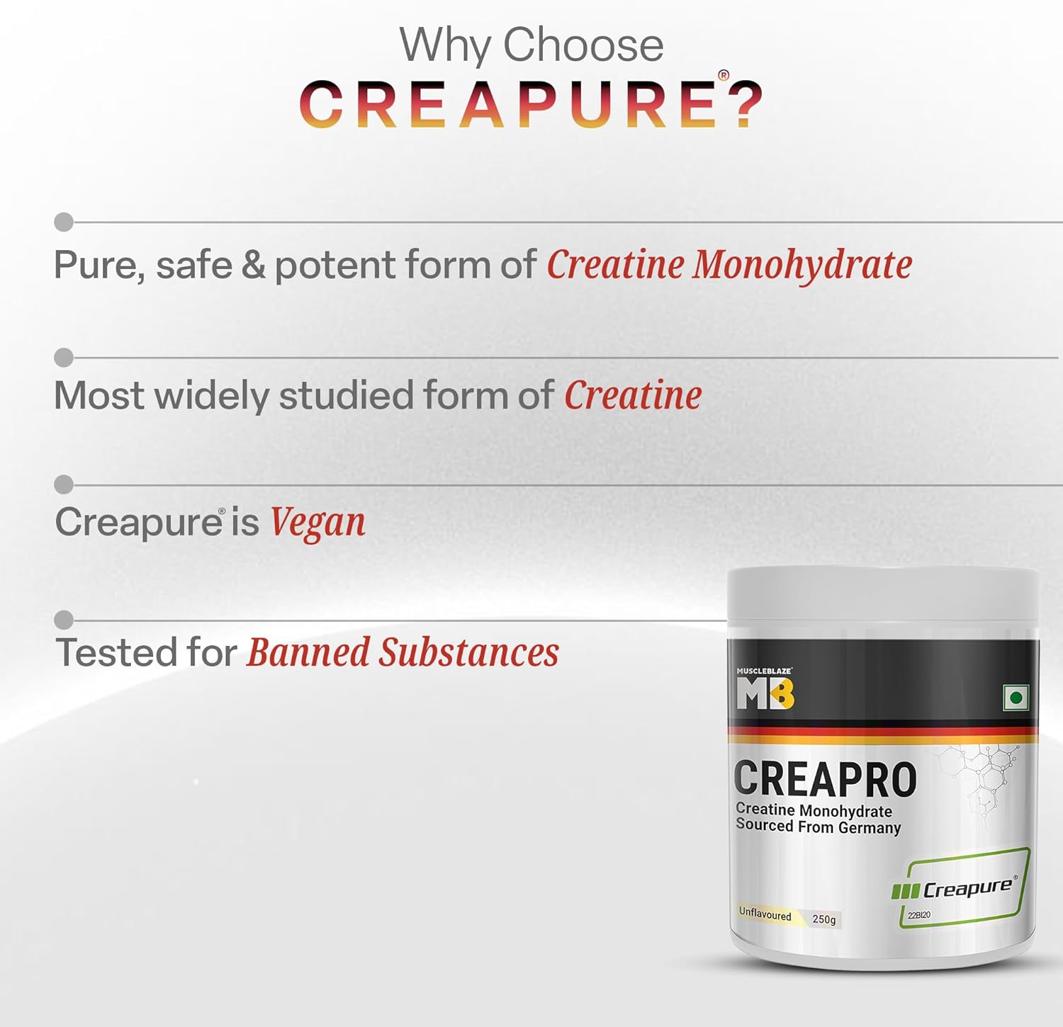پودر کراتین MuscleBlaze مدل CreaPRO، 250 گرم، 83 وعده، بدون طعم
