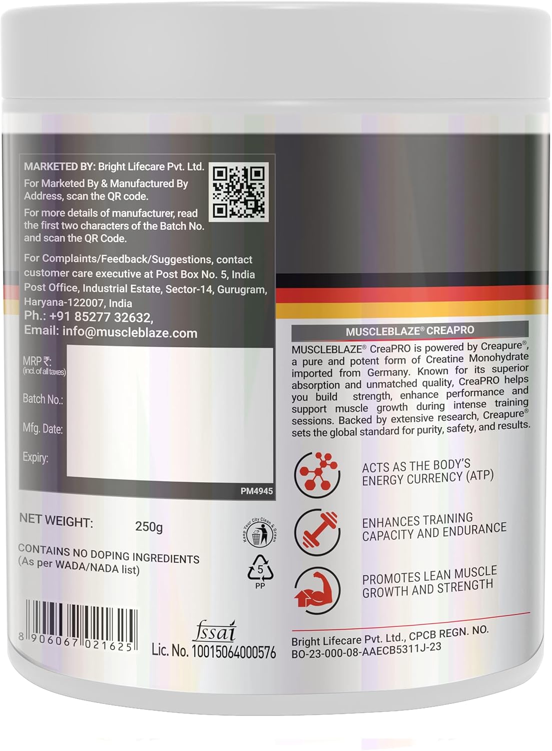 پودر کراتین MuscleBlaze مدل CreaPRO، 250 گرم، 83 وعده، بدون طعم
