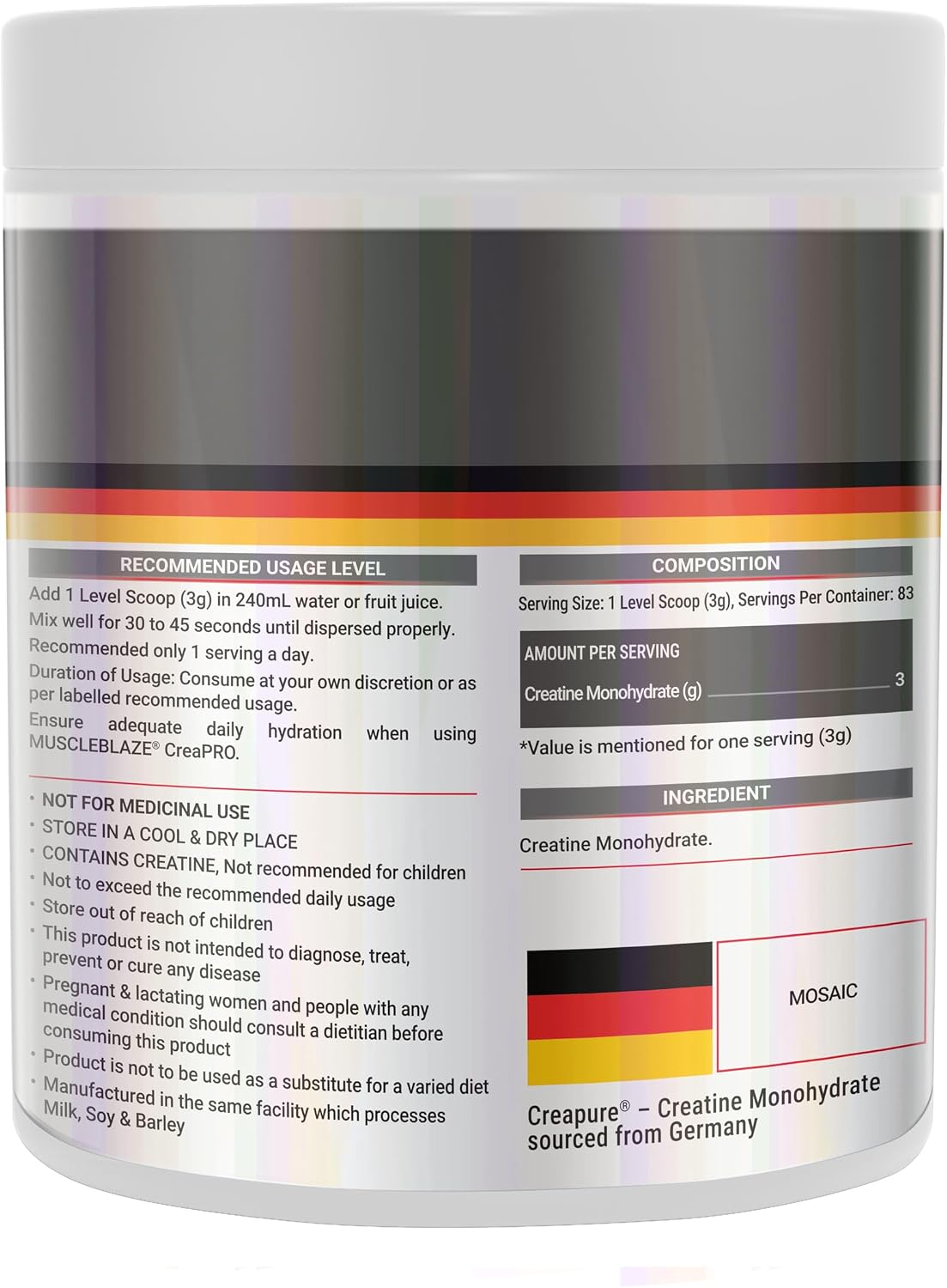 پودر کراتین MuscleBlaze مدل CreaPRO، 250 گرم، 83 وعده، بدون طعم