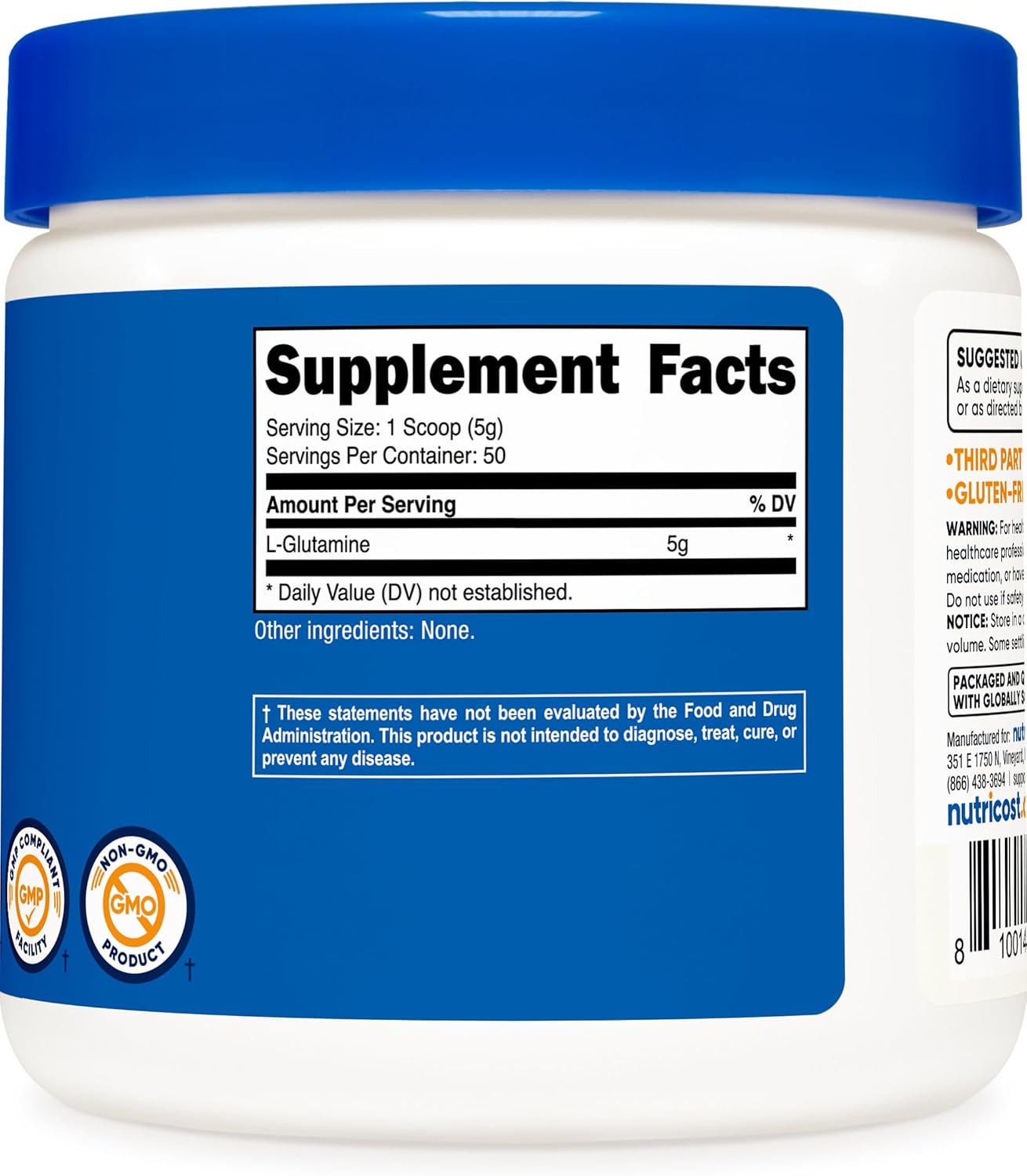 پودر ال-گلوتامین Nutricost، 250 گرم، بدون طعم