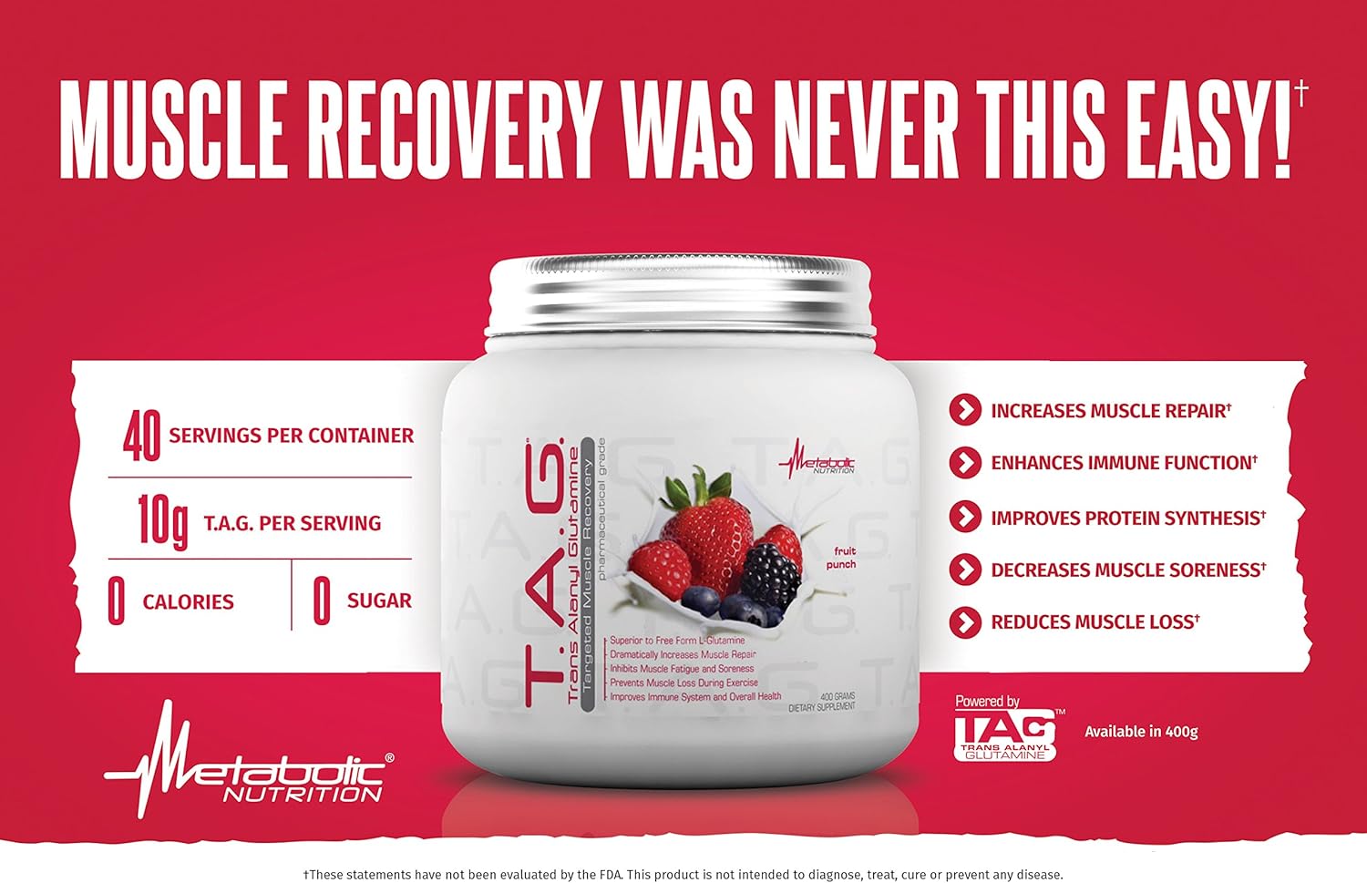 پودر ال-گلوتامین Metabolic Nutrition، 400 گرم، 40 وعده، طعم فروت پانچ
