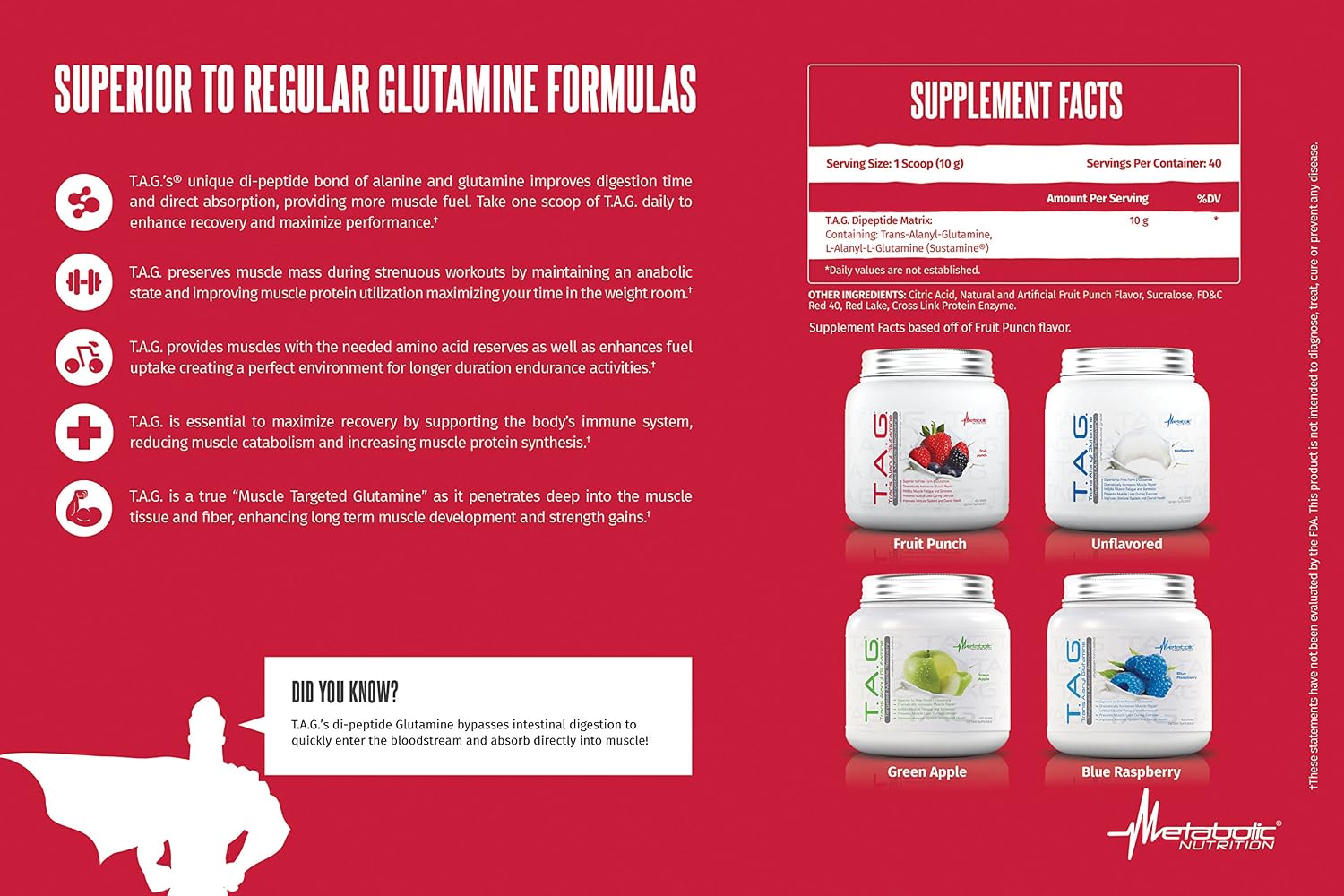 پودر ال-گلوتامین Metabolic Nutrition، 400 گرم، 40 وعده، طعم فروت پانچ