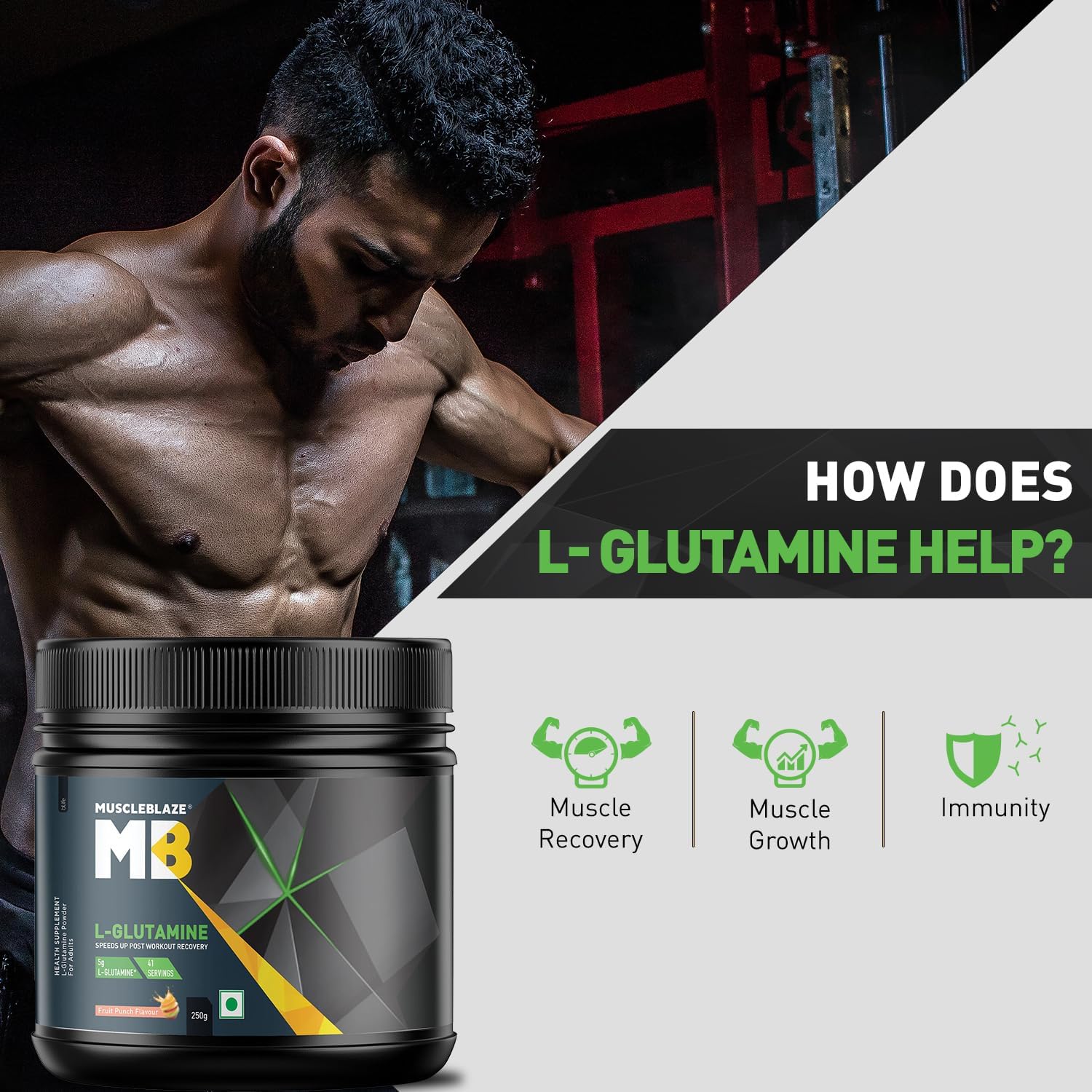پودر ال-گلوتامین MuscleBlaze، 250 گرم، 41 وعده، طعم فروت پانچ