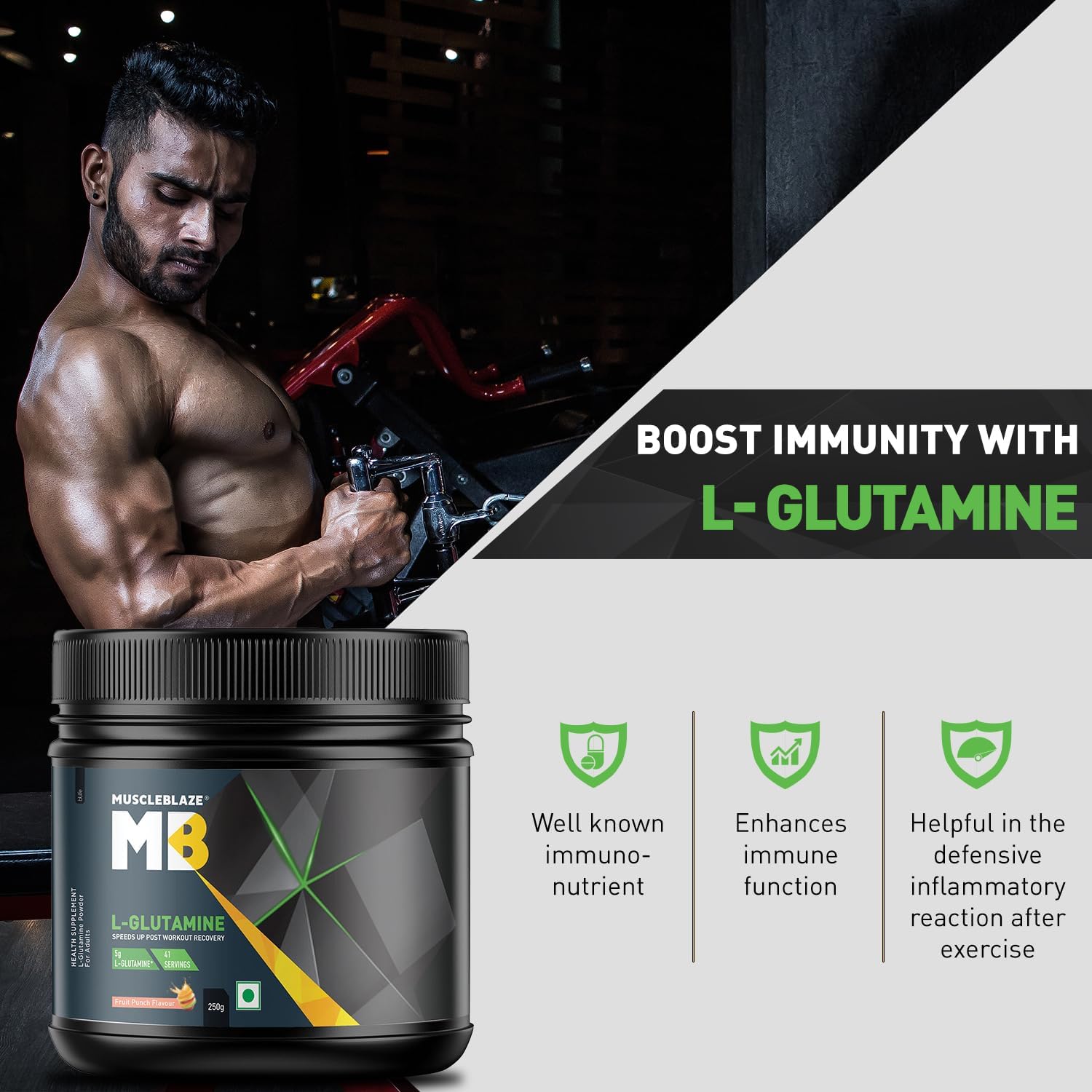 پودر ال-گلوتامین MuscleBlaze، 250 گرم، 41 وعده، طعم فروت پانچ